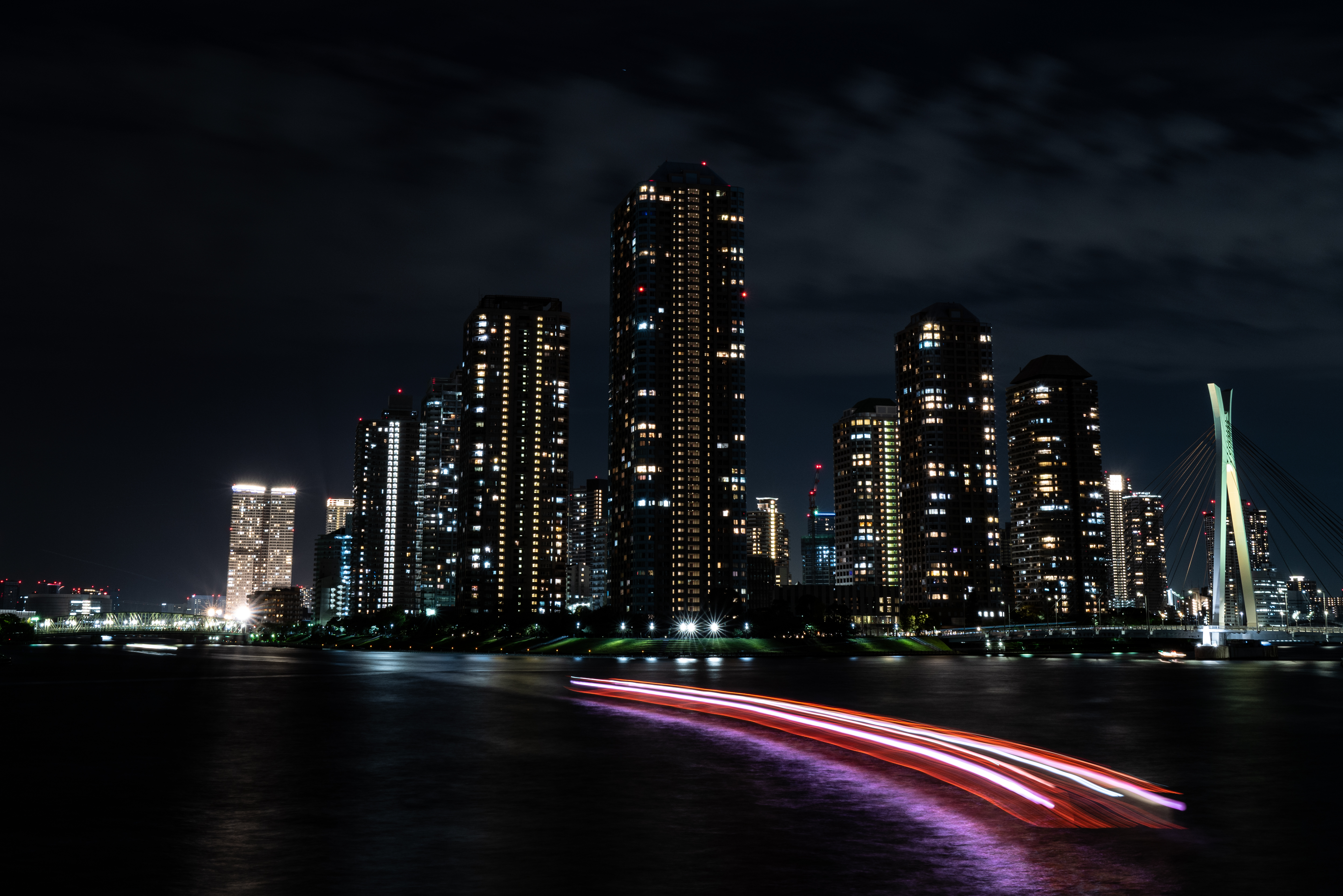 61747 download wallpaper architecture, building, lights, dark, coast, night city screensavers and pictures for free