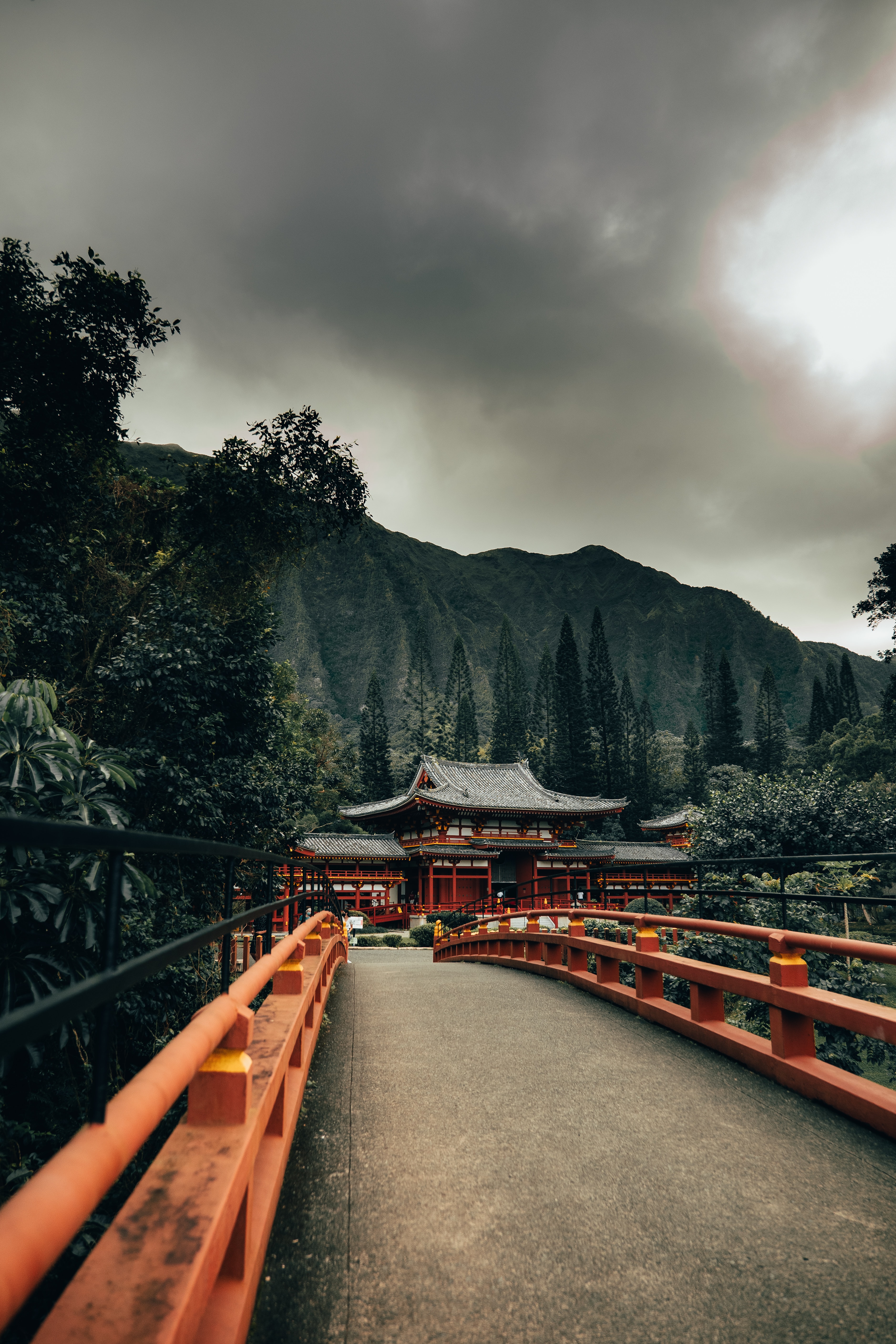 iPhone Wallpapers trees, mountains, bridge, architecture Temple