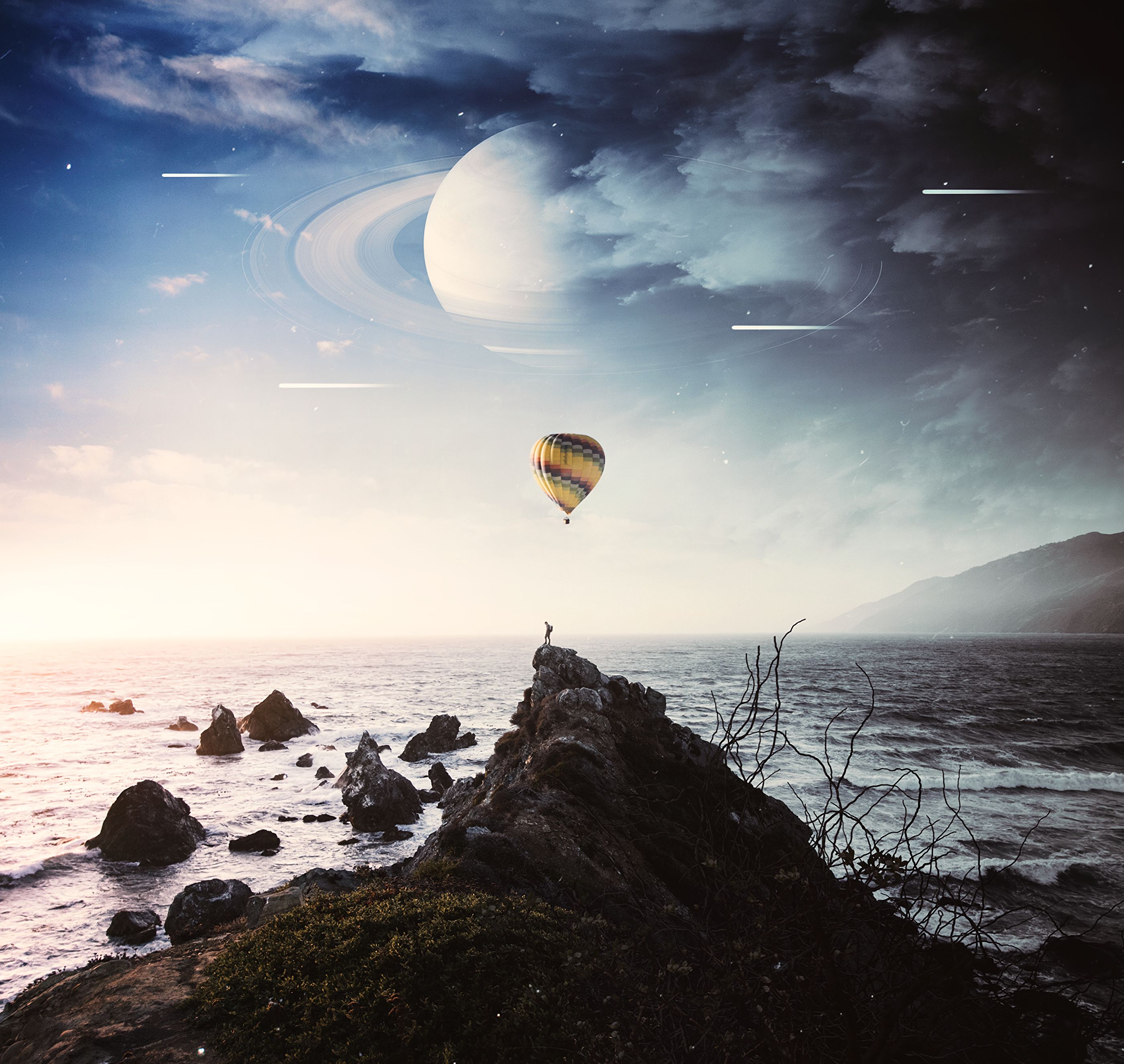 Laden Sie das Natur, Silhouette, Unterbrechung, Abgrund, Luftballon, Ballon, Planet, Planeten, Photoshop-Bild kostenlos auf Ihren PC-Desktop herunter