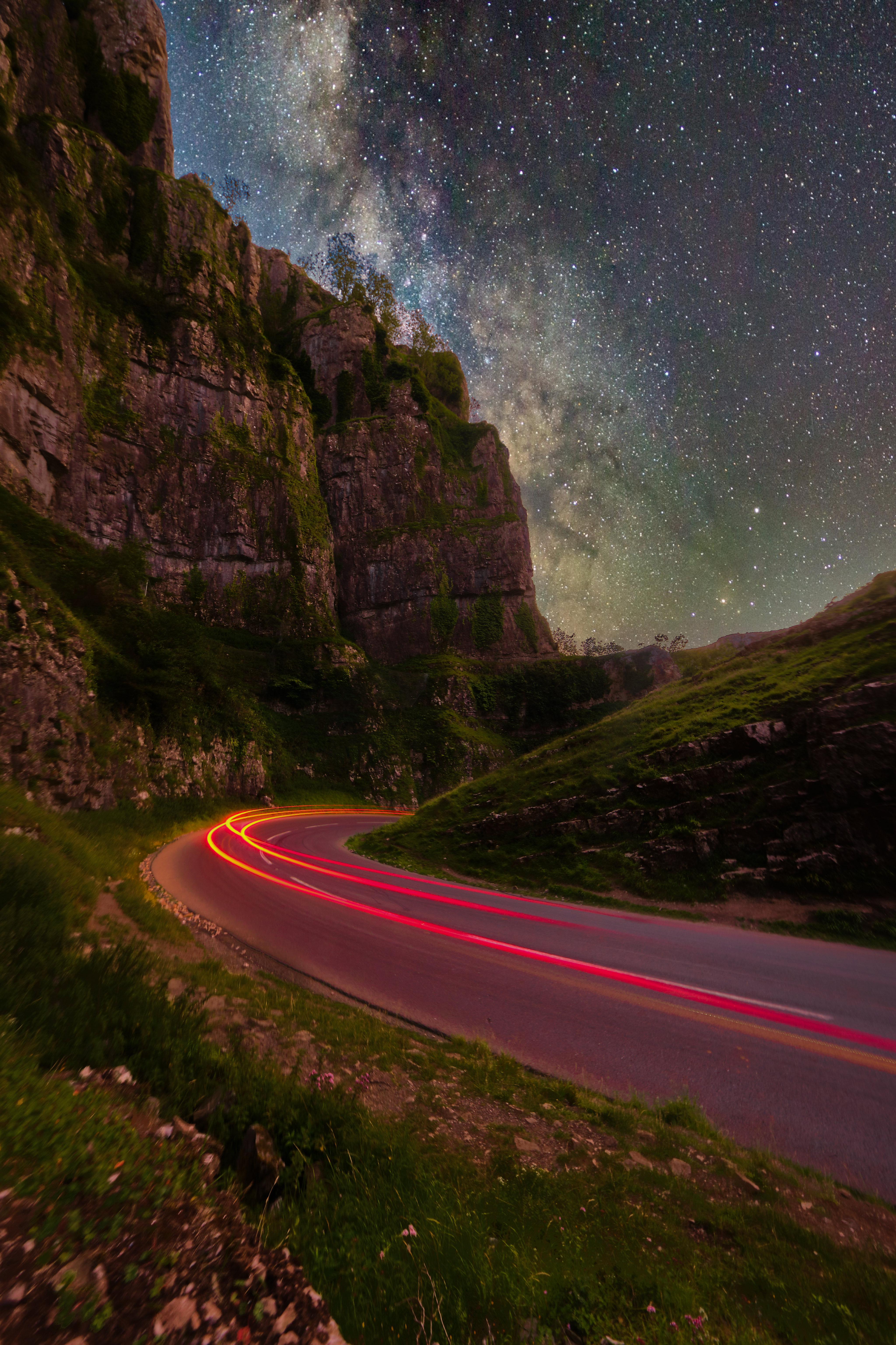 road, nature, stars, rocks, starry sky, long exposure phone background
