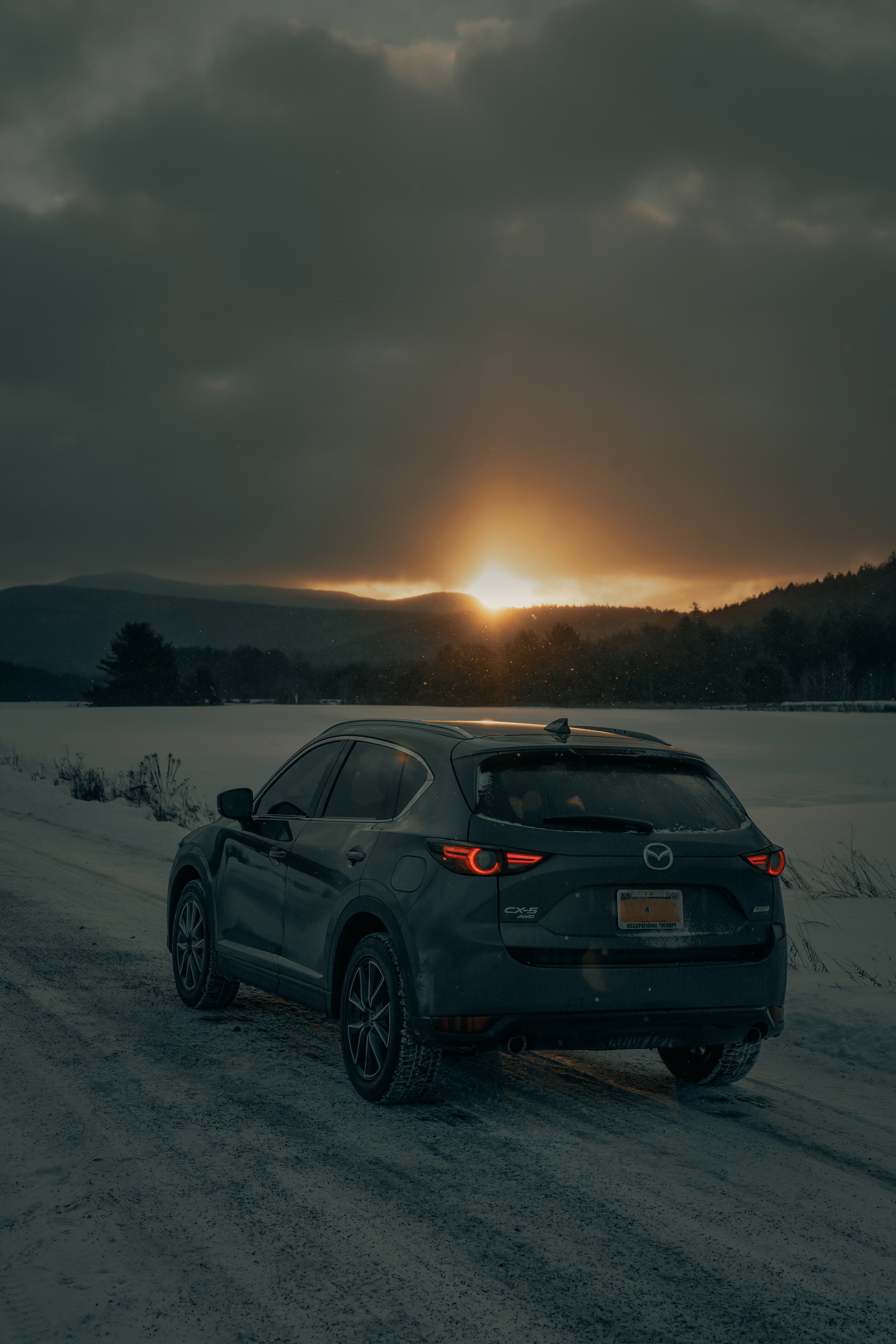 HD wallpaper mazda cx-5, suv, mazda, sunset, snow, cars, car, grey, back view, rear view