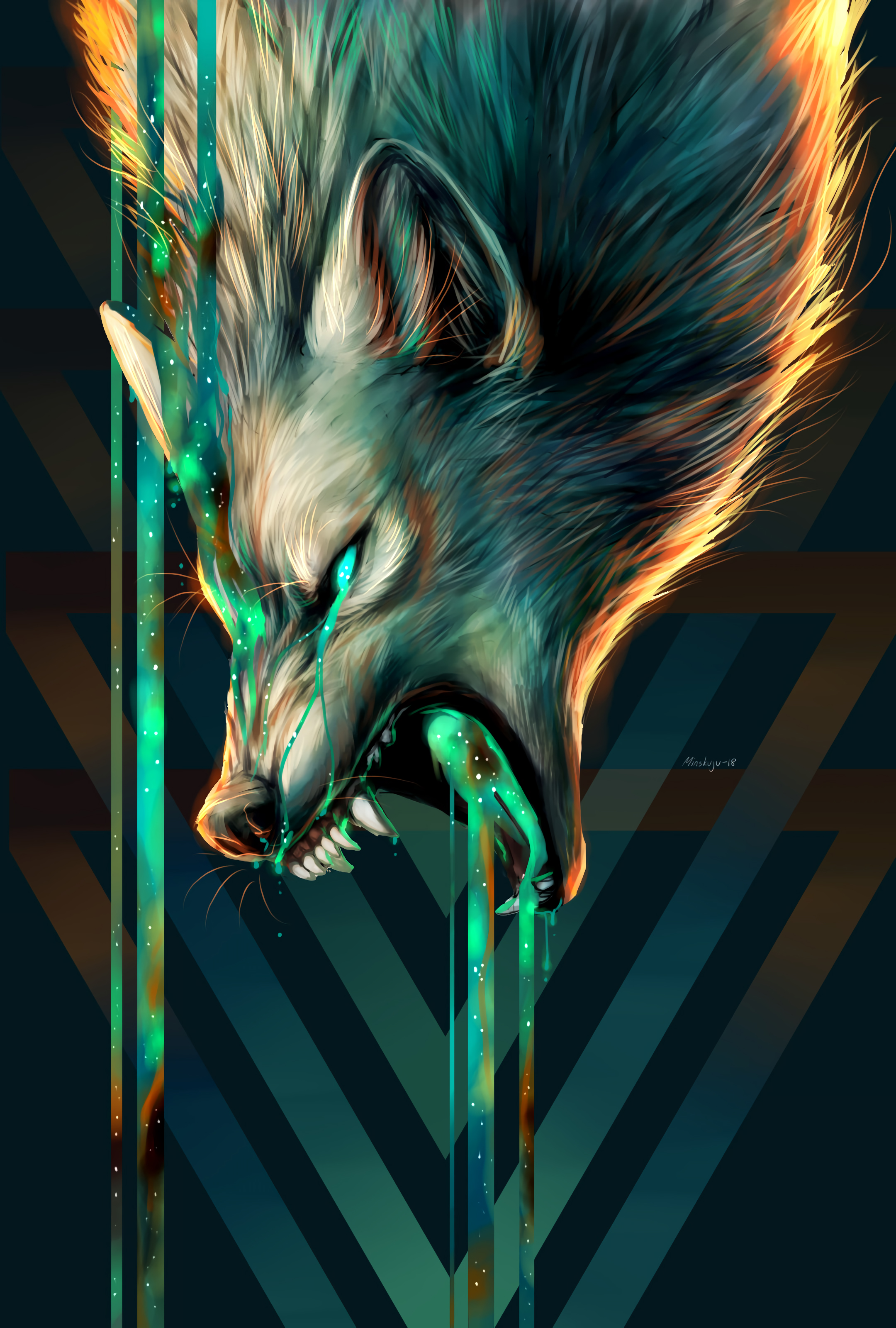 wolf, aggression, grin, illusion, art Phone Background