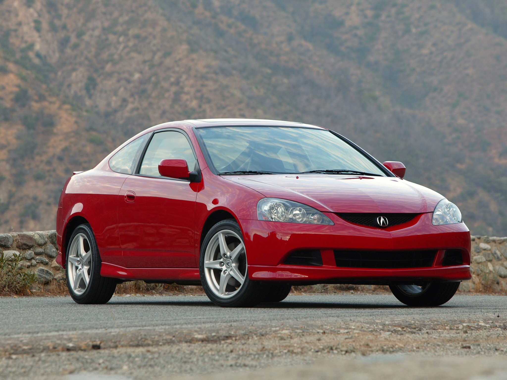 Mobile wallpaper front view, auto, mountains, acura, cars, red, asphalt, style, akura, 2005, rsx