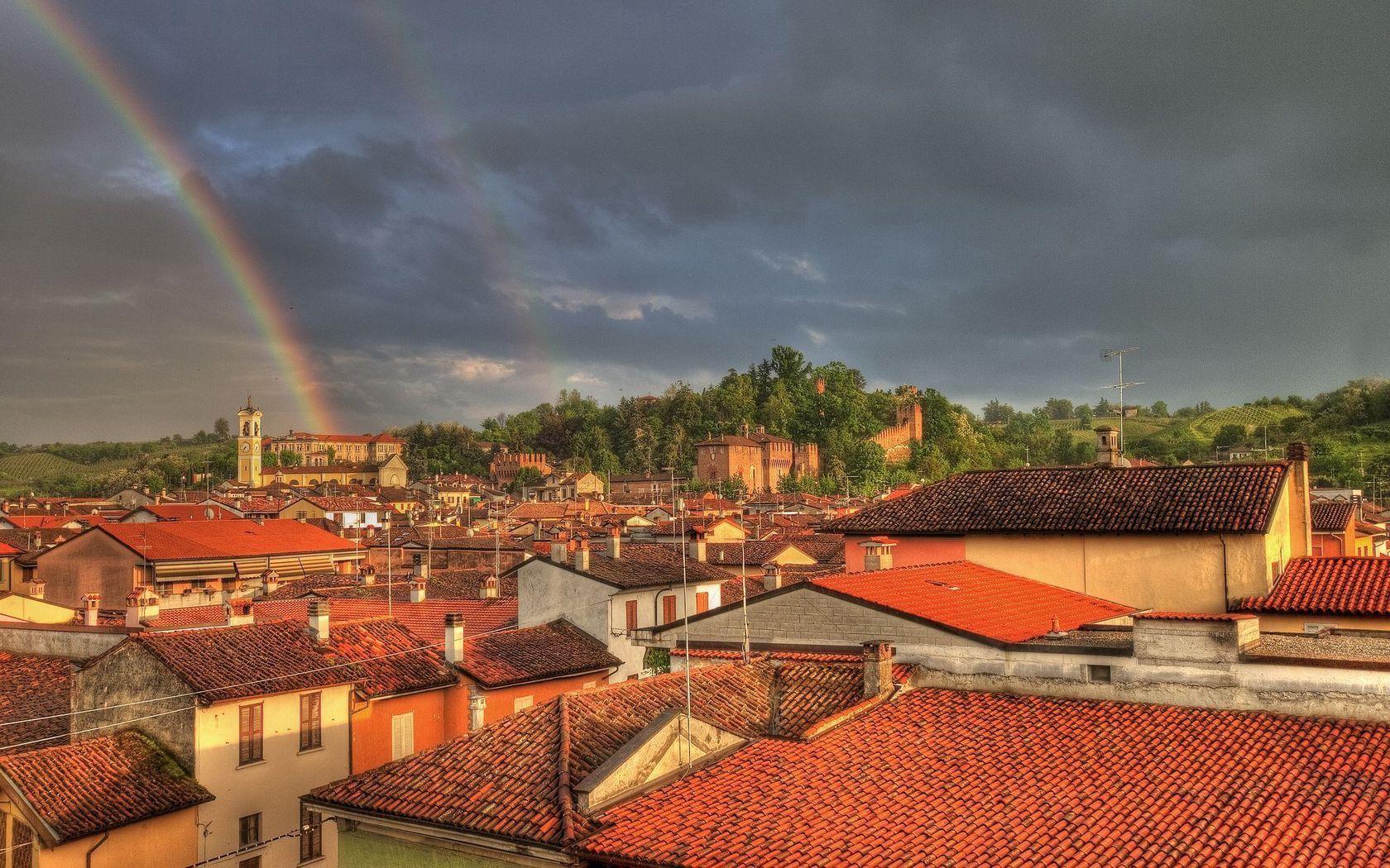 Laden Sie das Regenbogen, Städte, Gebäude, Dach, Dächer-Bild kostenlos auf Ihren PC-Desktop herunter