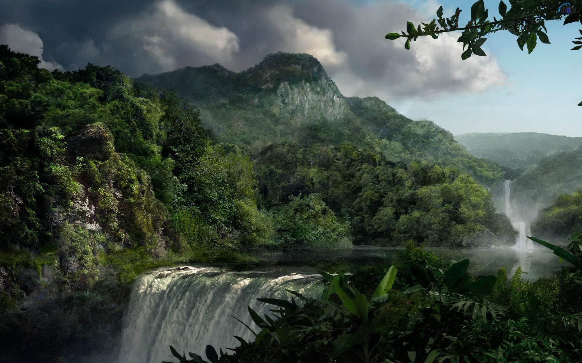 before the rain, vegetation, waterfall, nature, clouds, green, forest download HD wallpaper