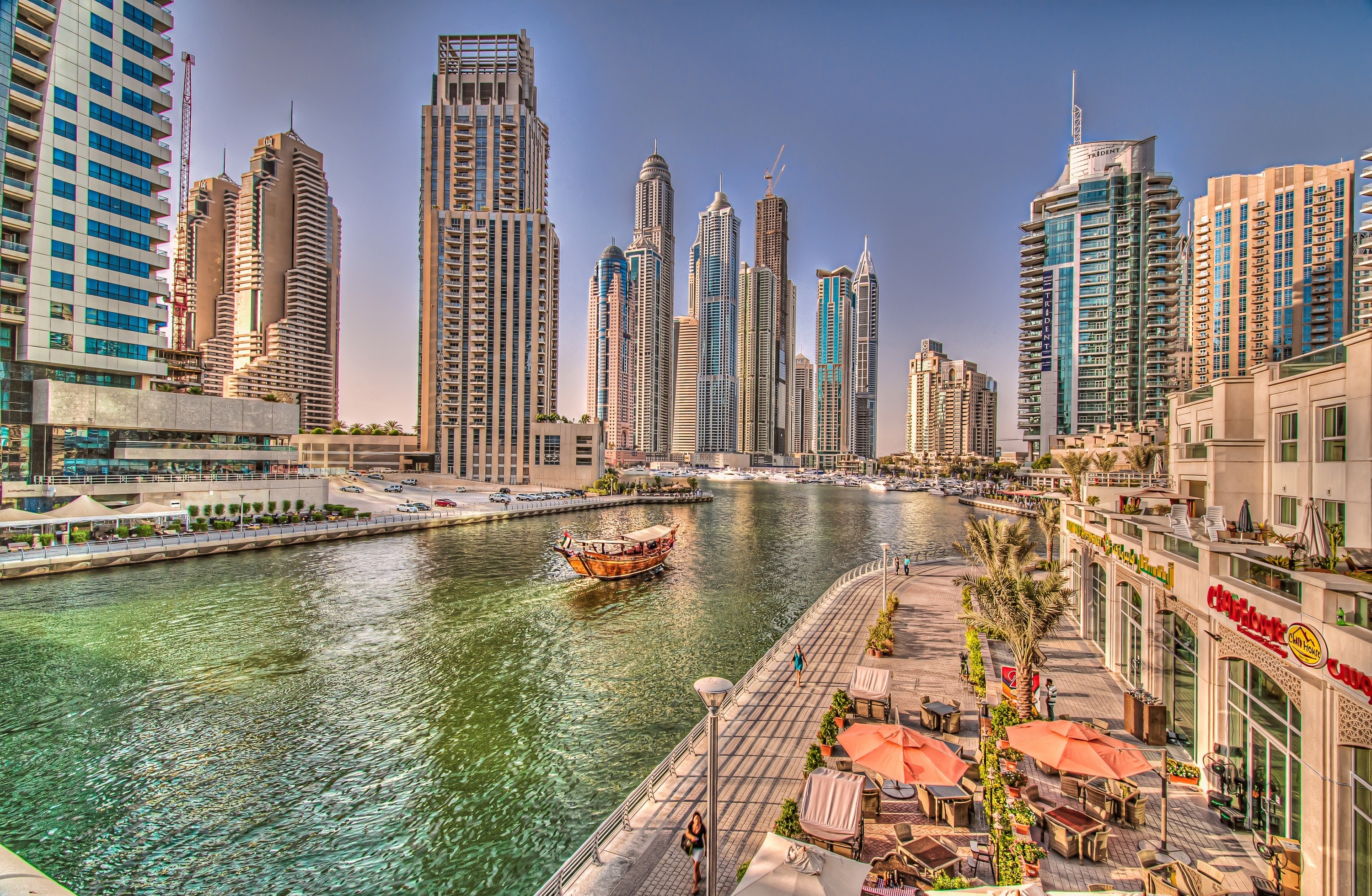 341679 免費下載壁紙 人造, 迪拜, 船, 运河, 迪拜码头, 摩天大楼, 城市 屏保和圖片
