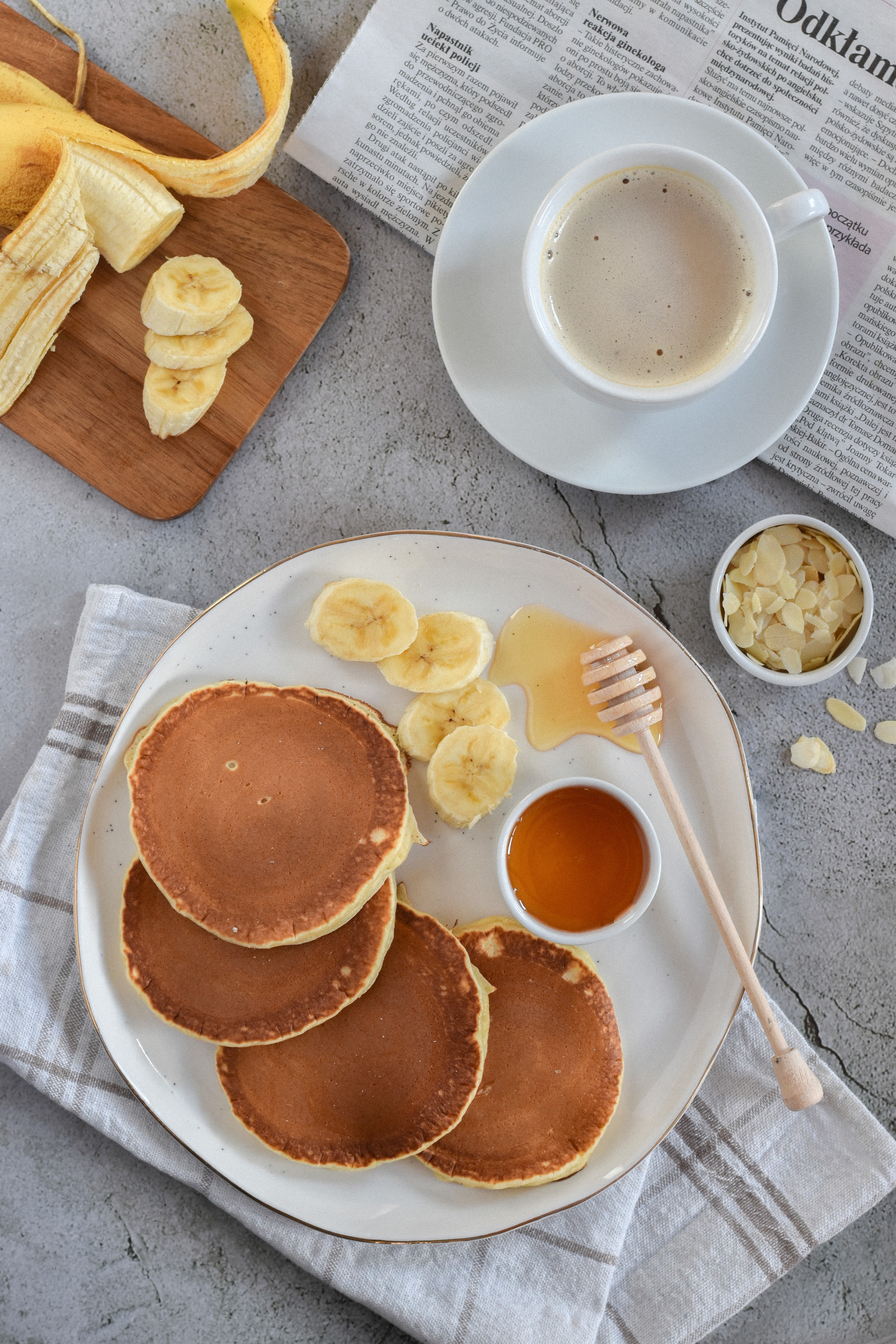 coffee, food, bananas, pancakes, honey, breakfast