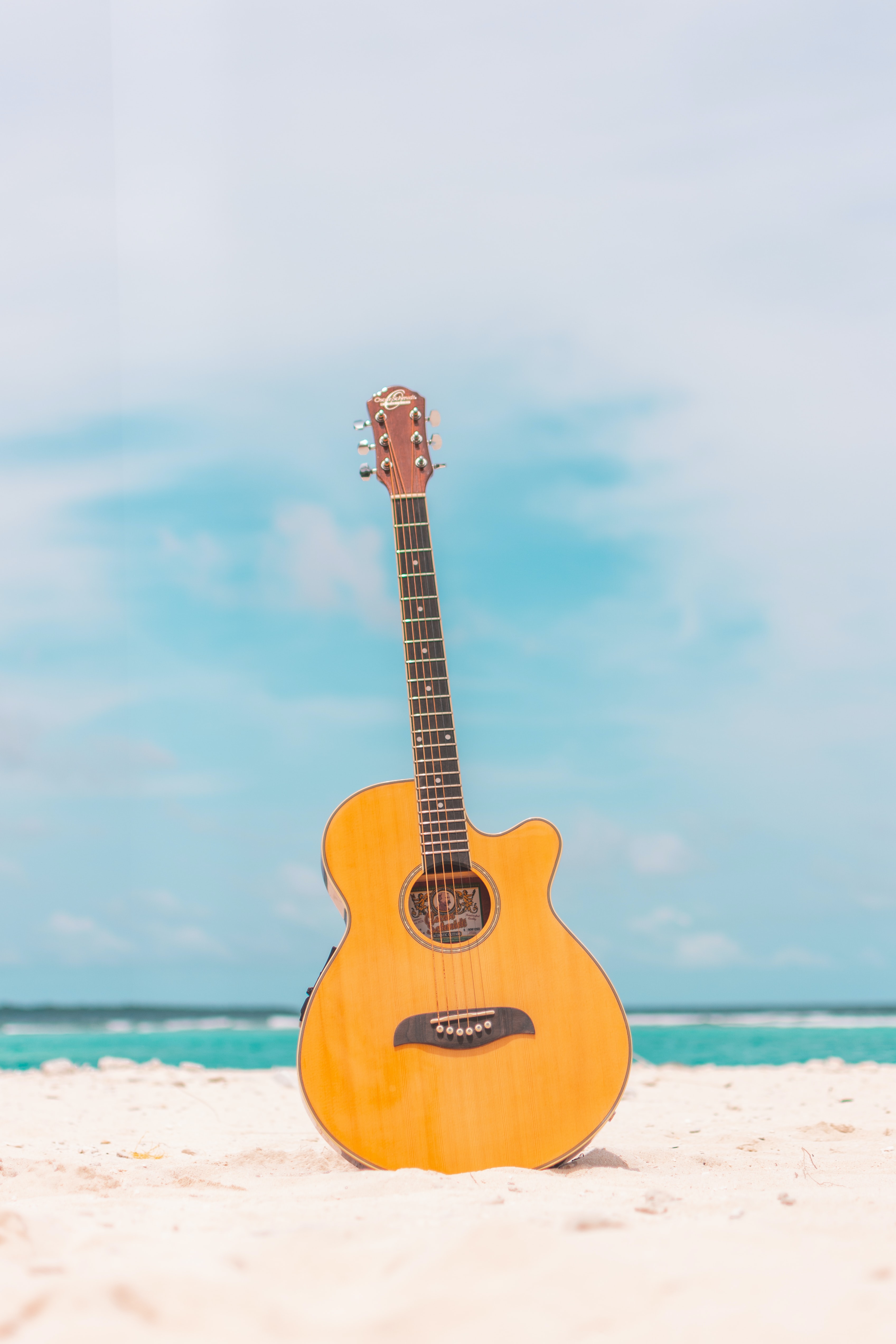 acoustic guitar, guitar, music, beach, summer, tool Phone Background