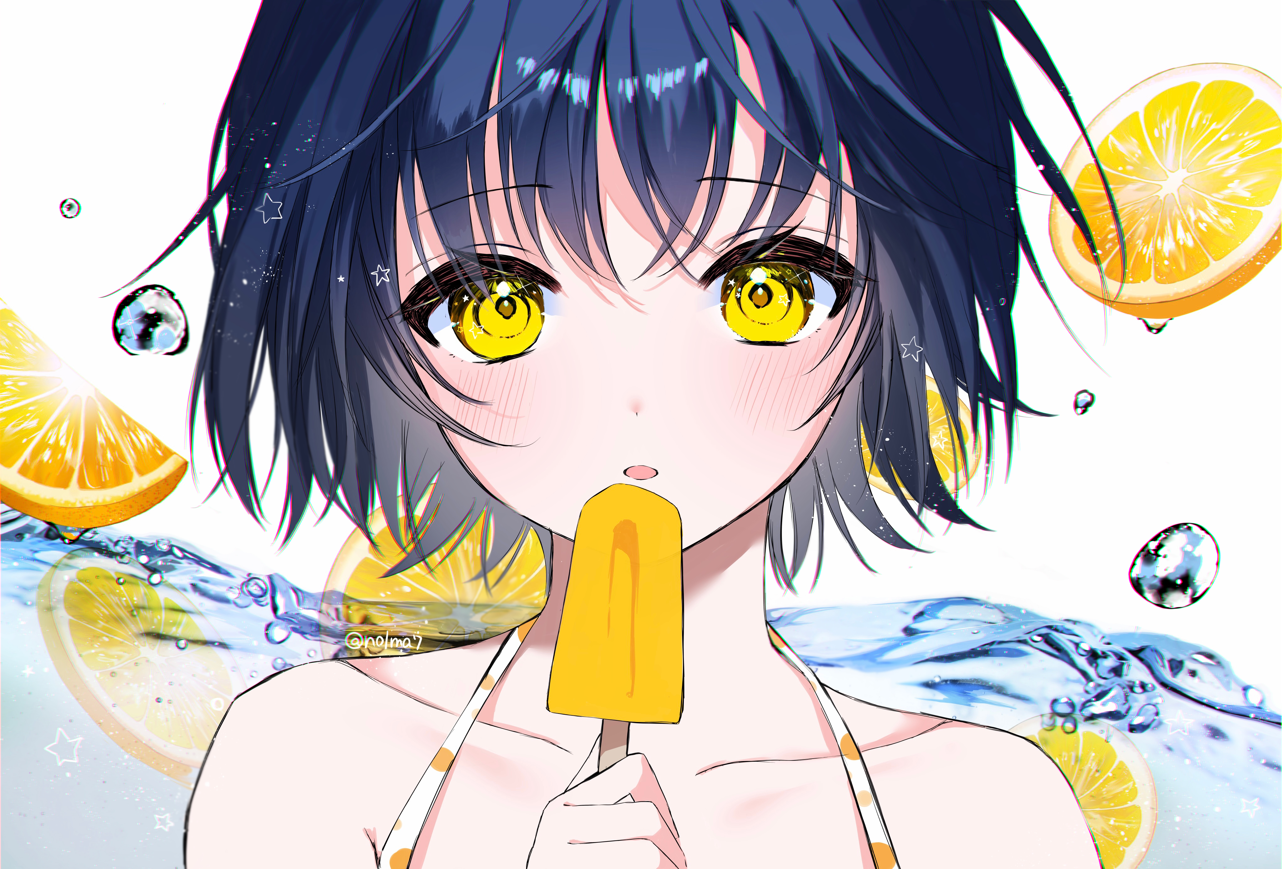 anime girl with blue hair and gold eyes
