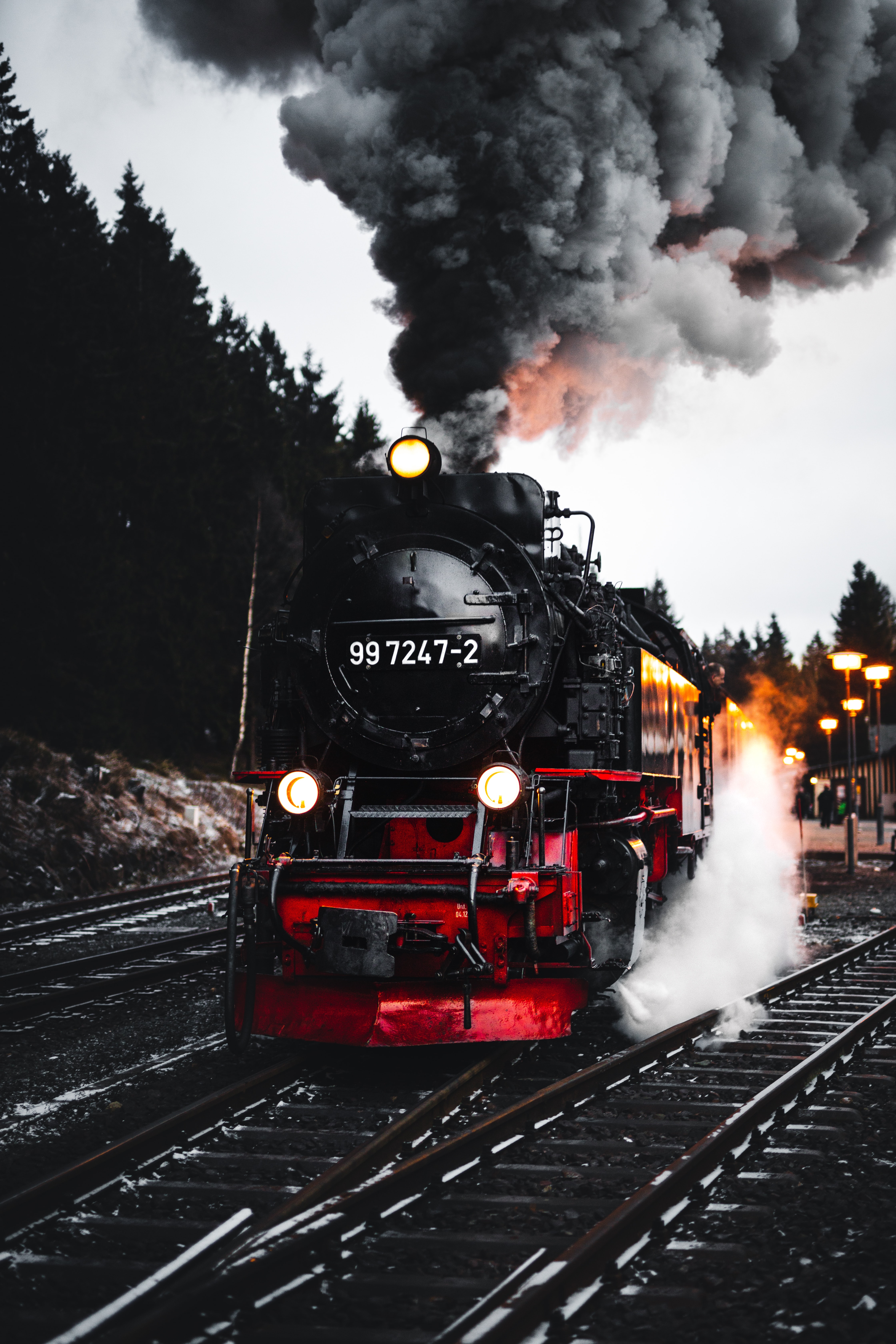 smoke, railway, train, trees, miscellanea, miscellaneous, rails