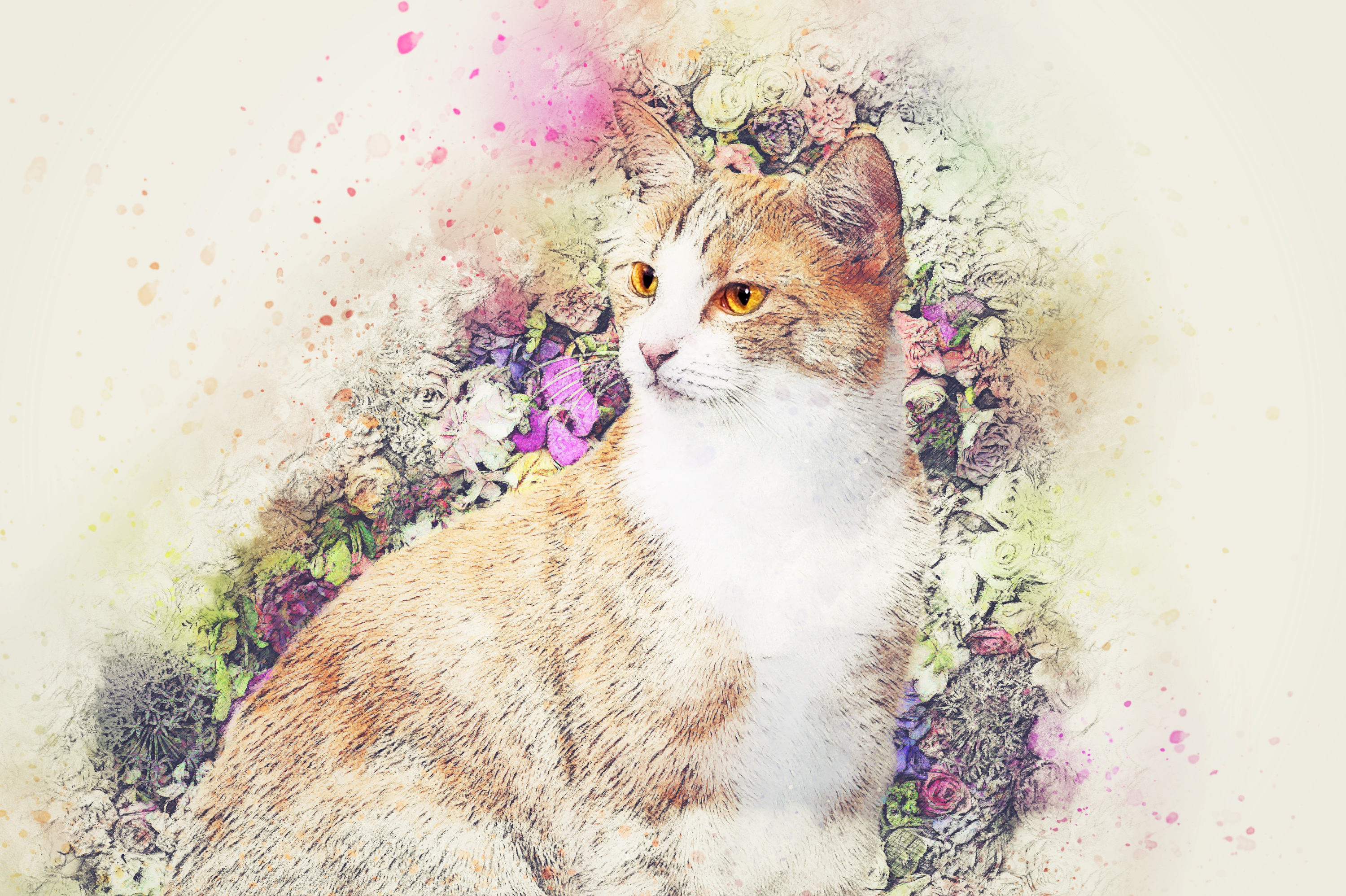 Кошка в цветах акварель