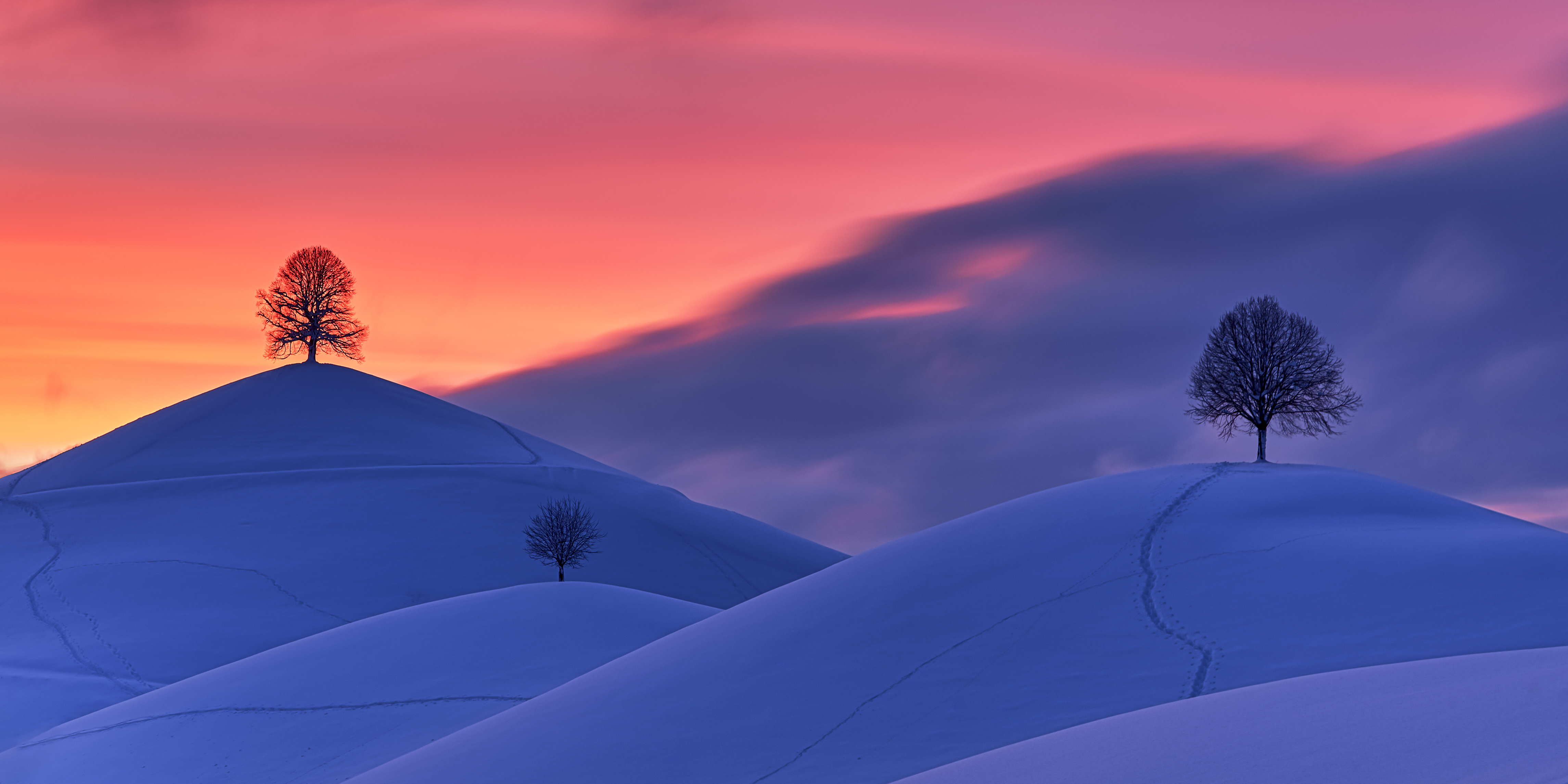 Laden Sie das Schnee, Winter, Natur, Bäume, Sunset, Die Hügel, Hügel-Bild kostenlos auf Ihren PC-Desktop herunter