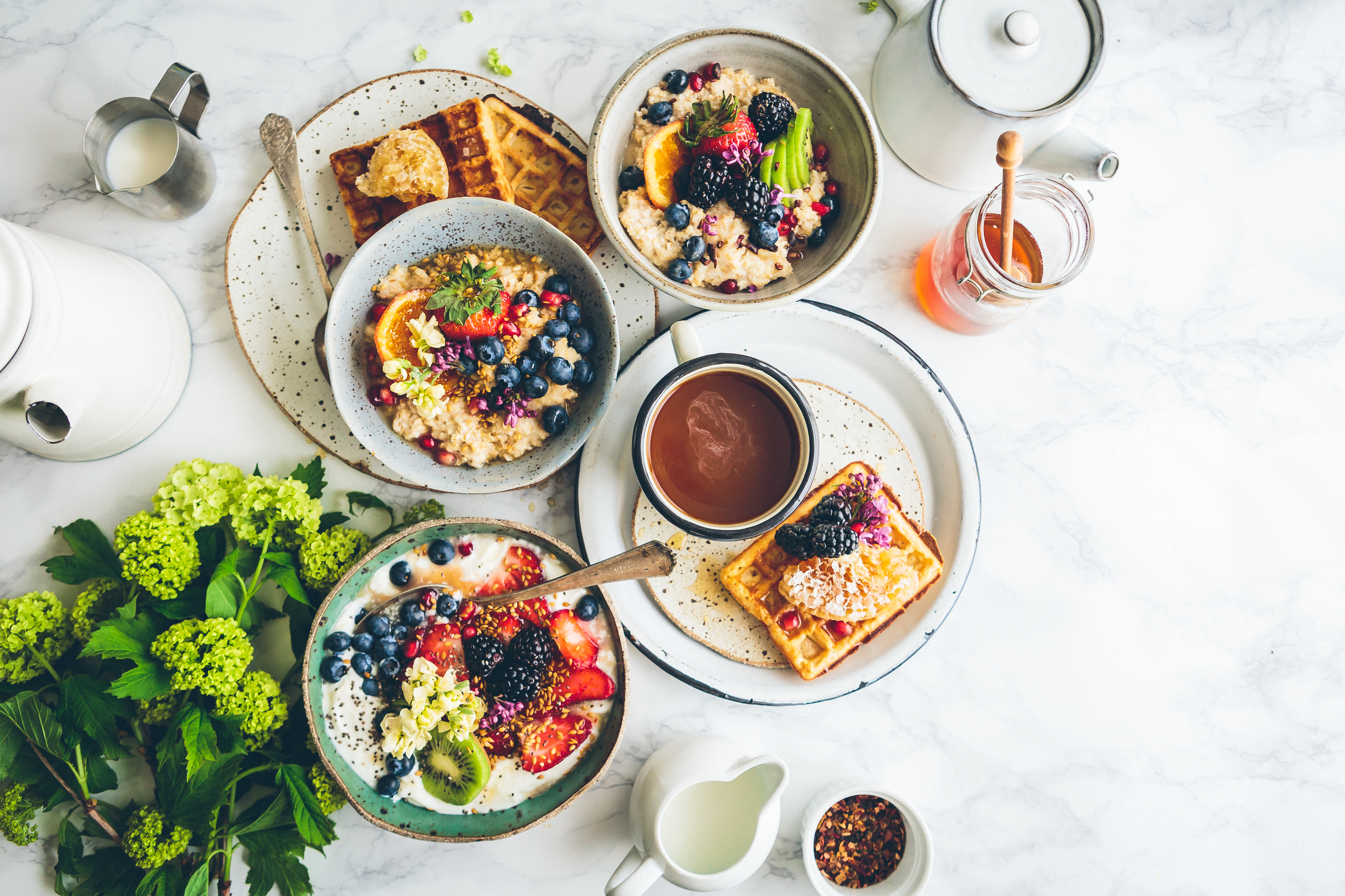 food, fruits, waffles, breakfast, porridge QHD