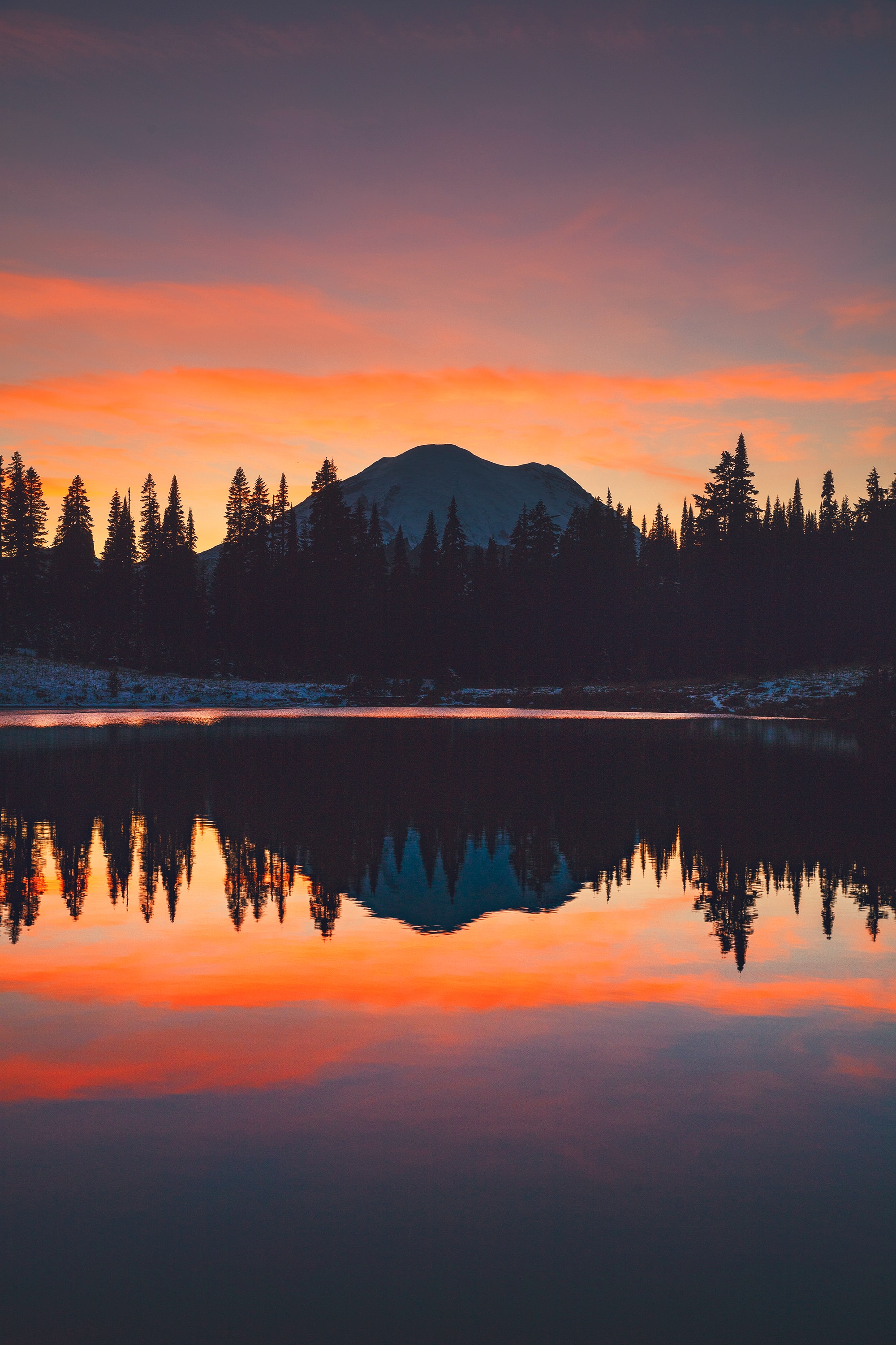 sunset, nature, trees, sky, mountains, reflection QHD