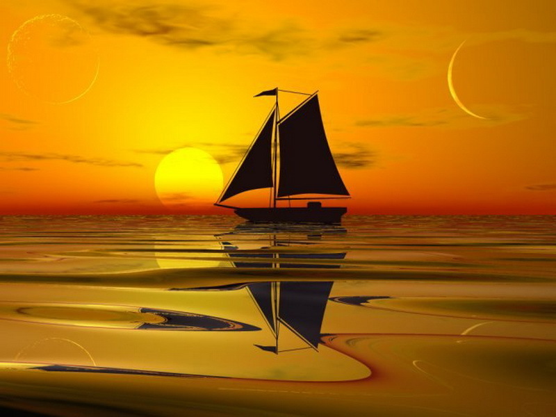 ships, landscape, sunset, yellow Full HD