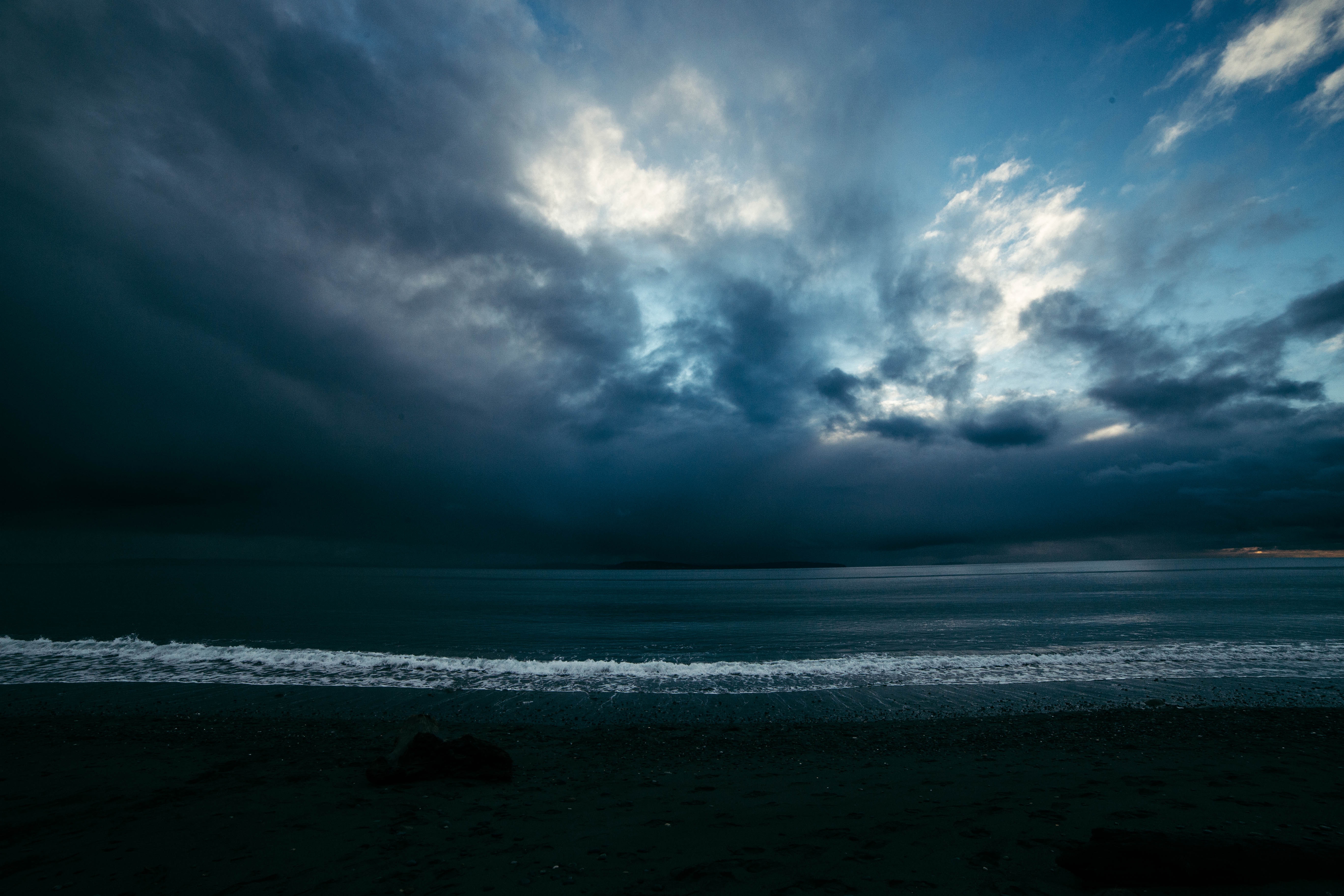 night, surf, shore, bank, overcast, nature, mainly cloudy, sea
