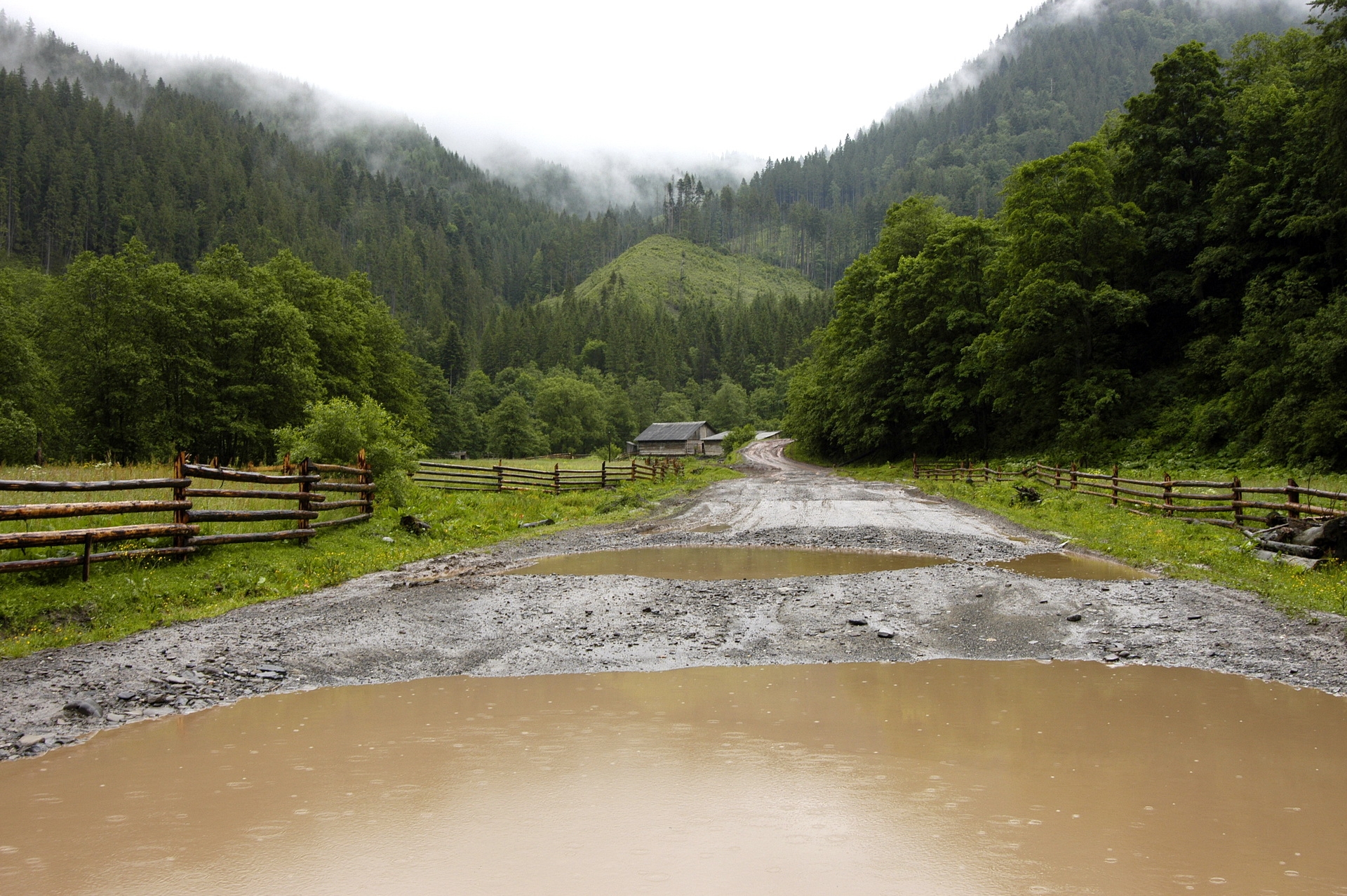 rain, nature, mountains, road, small house, lodge, country, ukraine, puddles, countryside, carpathians, bumps