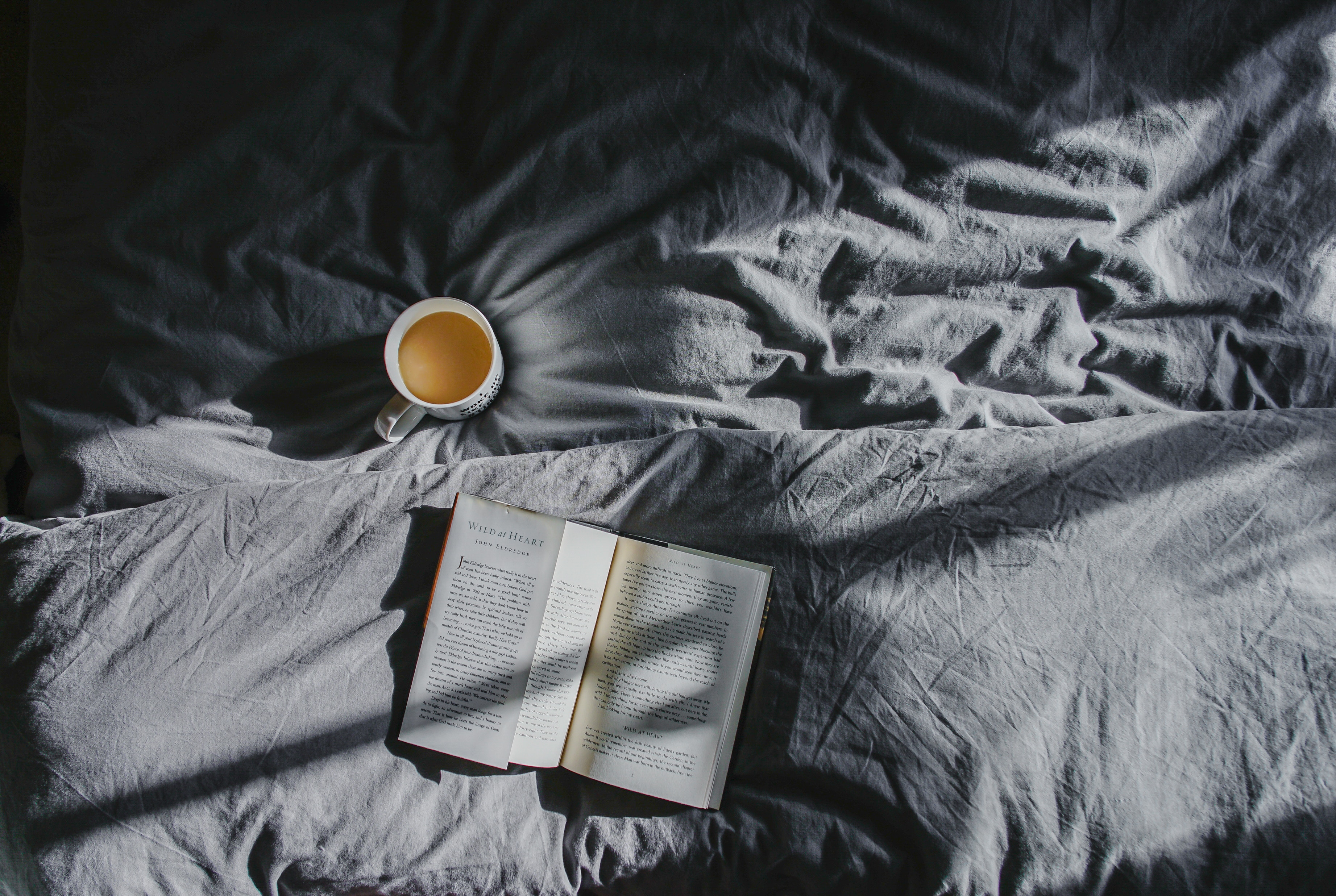 Download mobile wallpaper Coffee, Miscellaneous, Miscellanea, Shadow, Book, Bed for free.