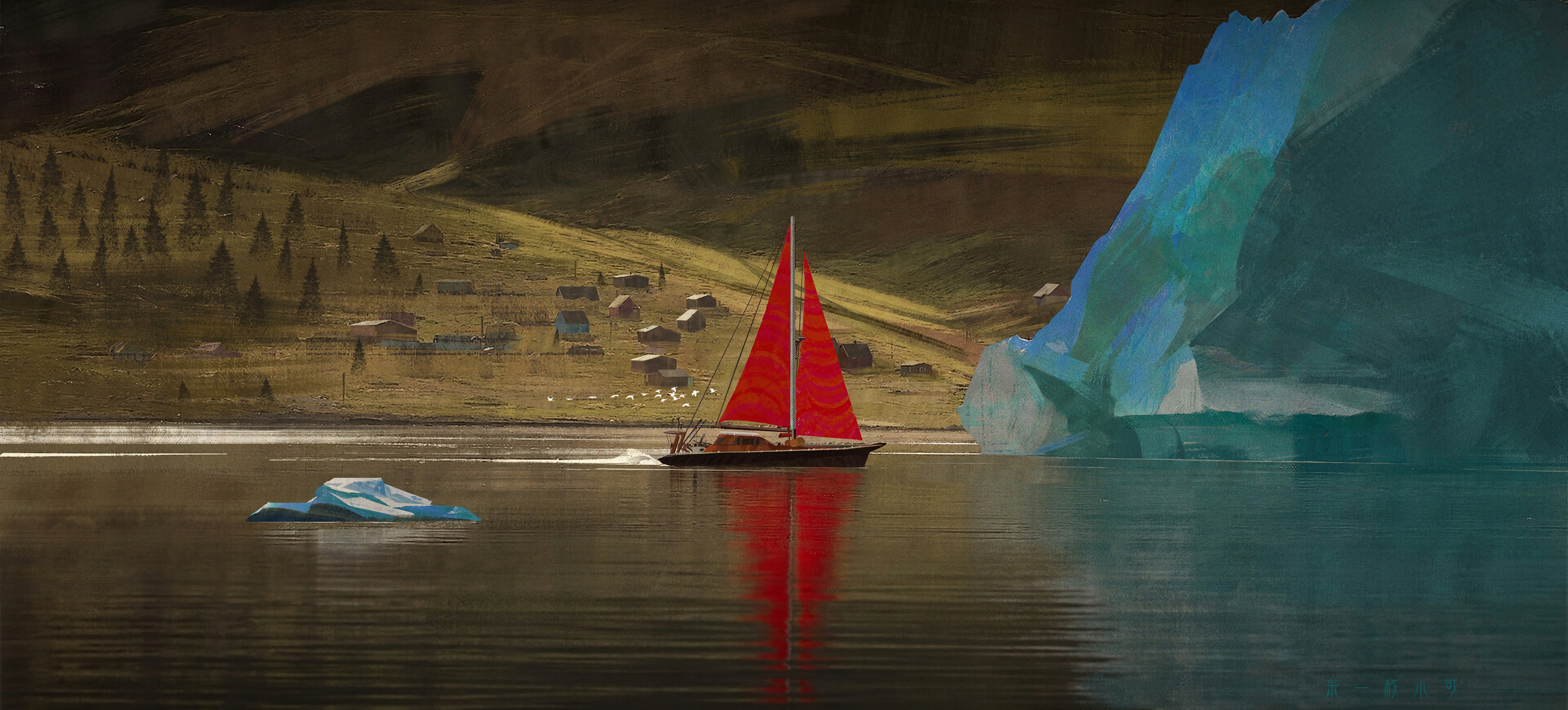Download mobile wallpaper Boat, Rivers, Village, Art for free.