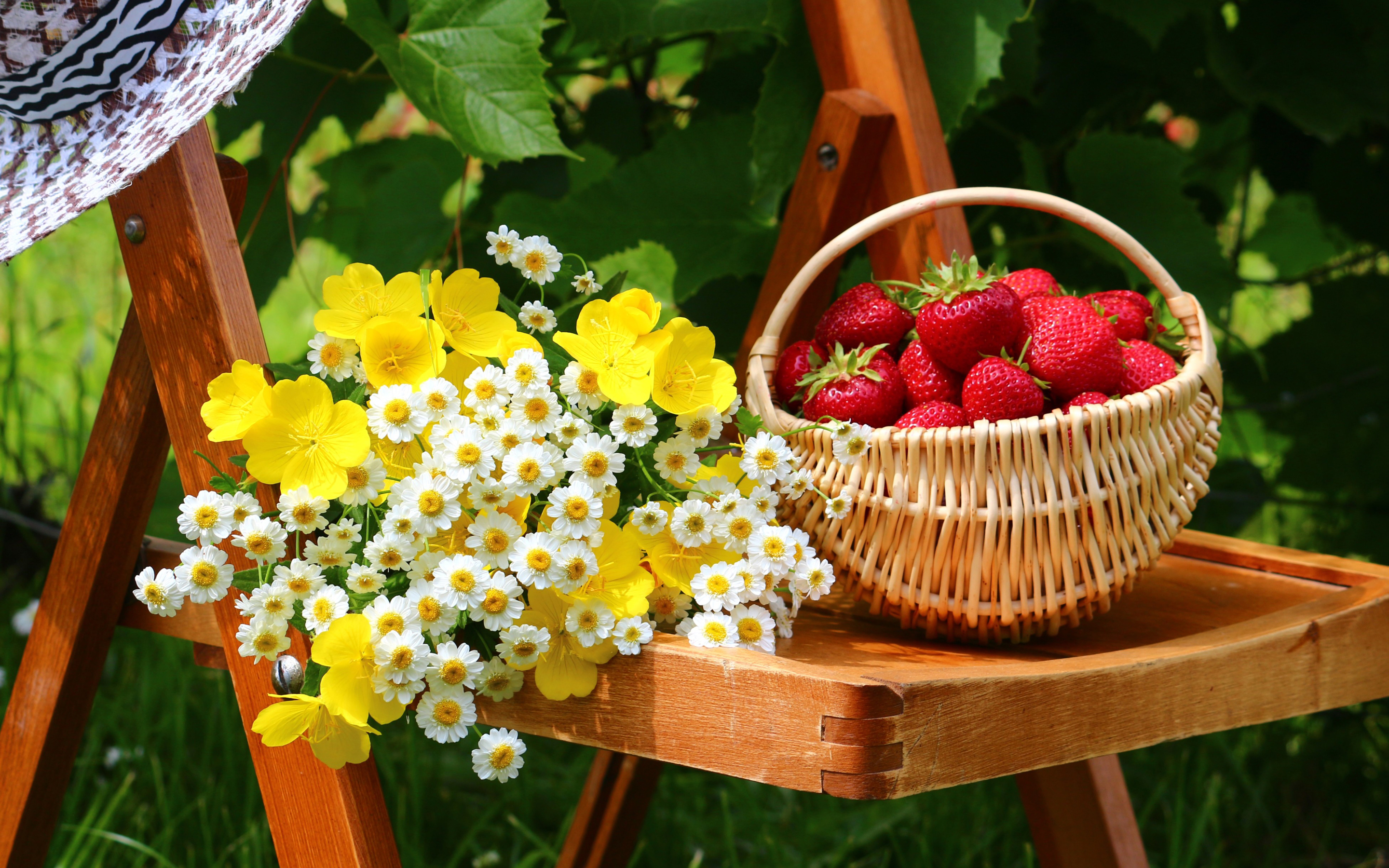 nature, food, strawberry, basket, flower, garden, fruits