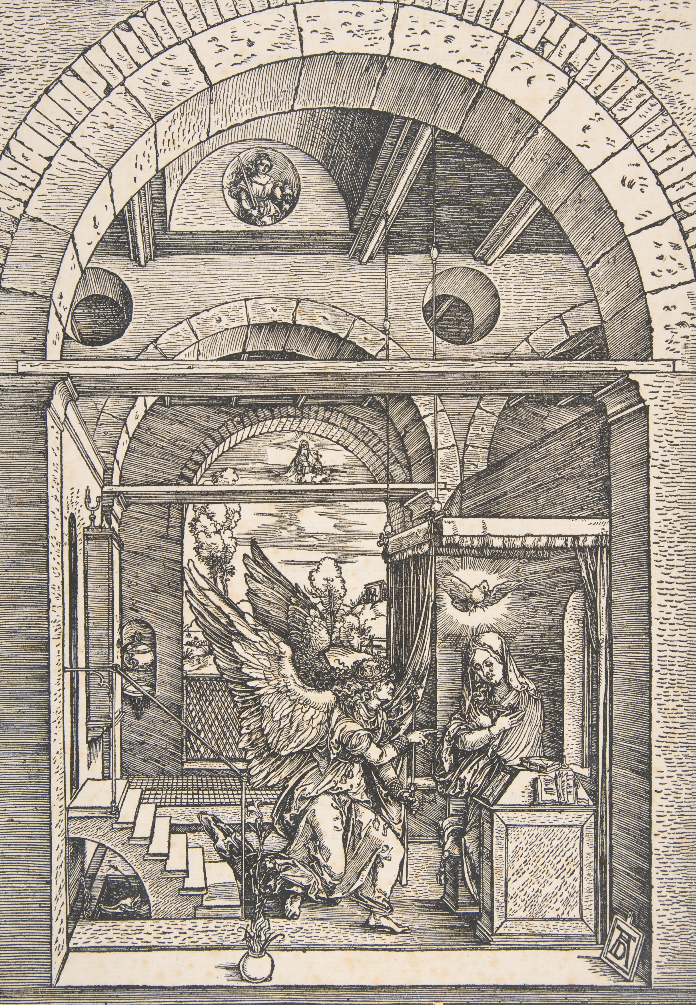 153077 Hintergrundbild herunterladen engel, kunst, albrecht dürer, albrecht durer, gravur, verkündigung, aus dem leben der jungfrau, aus dem leben der jungfrau maria, die jungfrau maria, jungfrau, erzengel - Bildschirmschoner und Bilder kostenlos