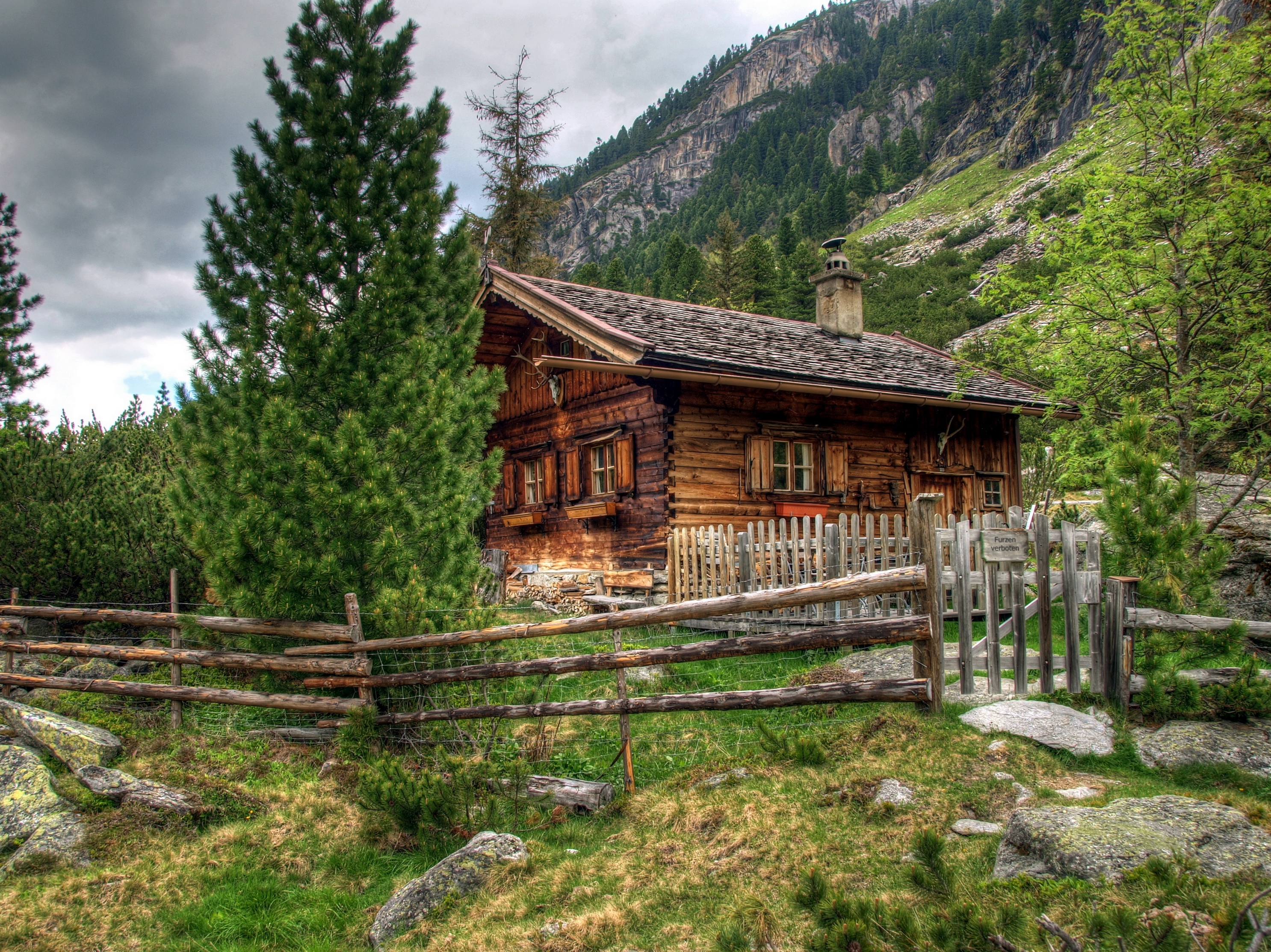 austria, alps, landscape, nature, house, wooden fence Smartphone Background