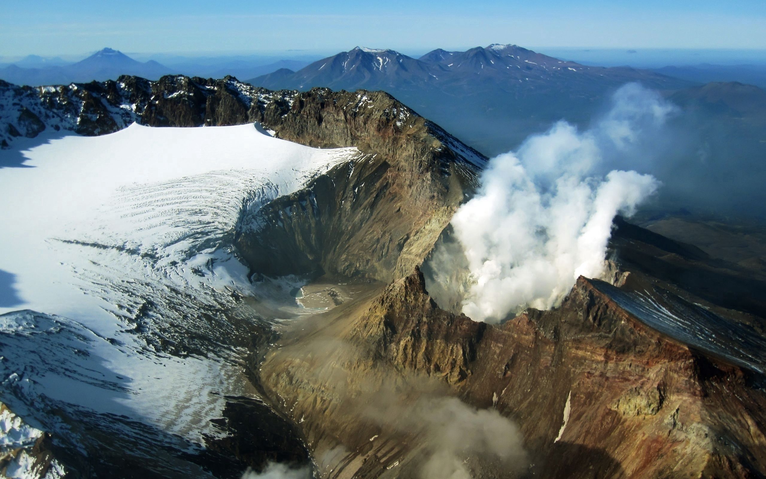 nature, volcano, mountains, smoke, snow, russia, kamchatka