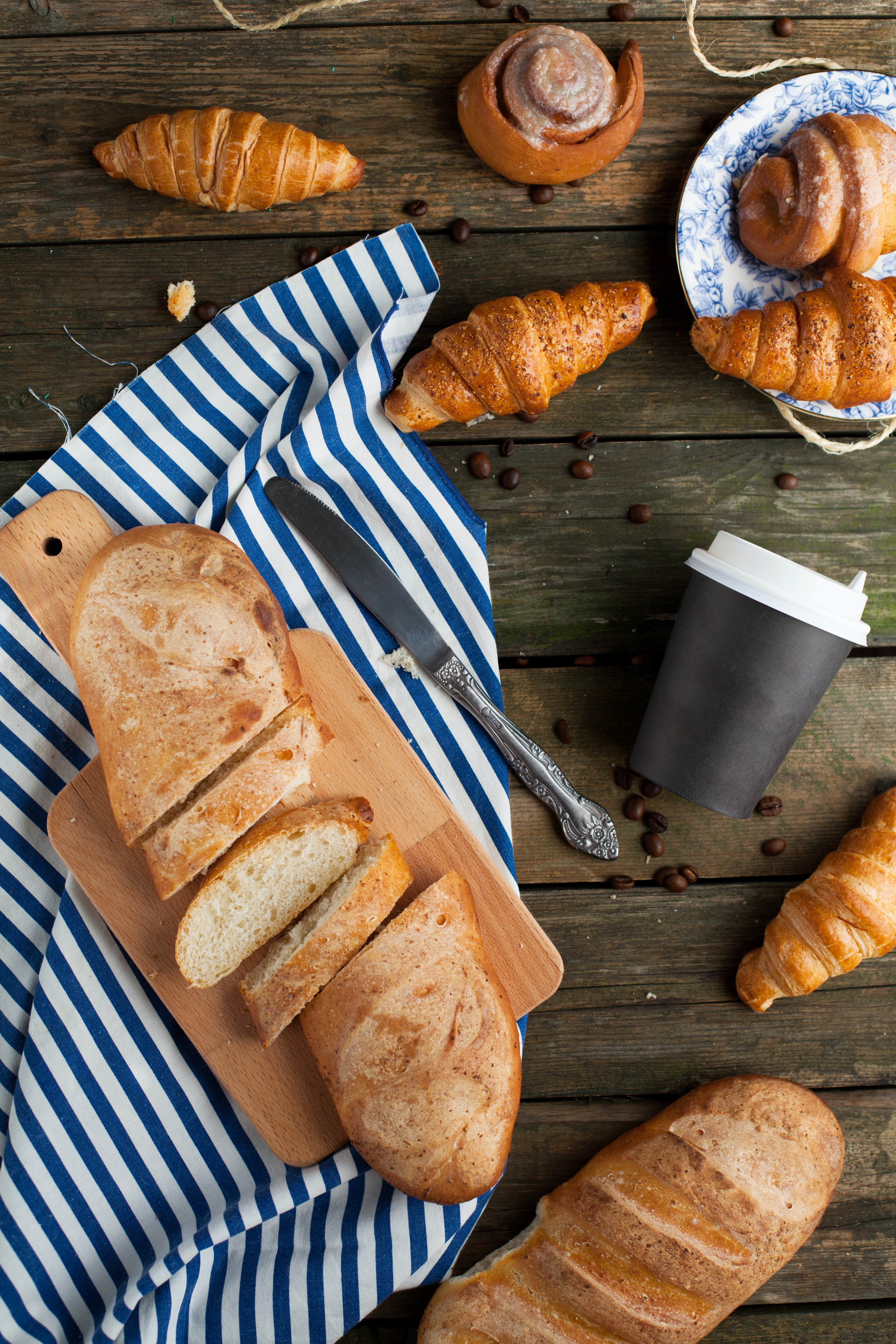 bread, food, coffee, still life, coffee beans, croissant mobile wallpaper