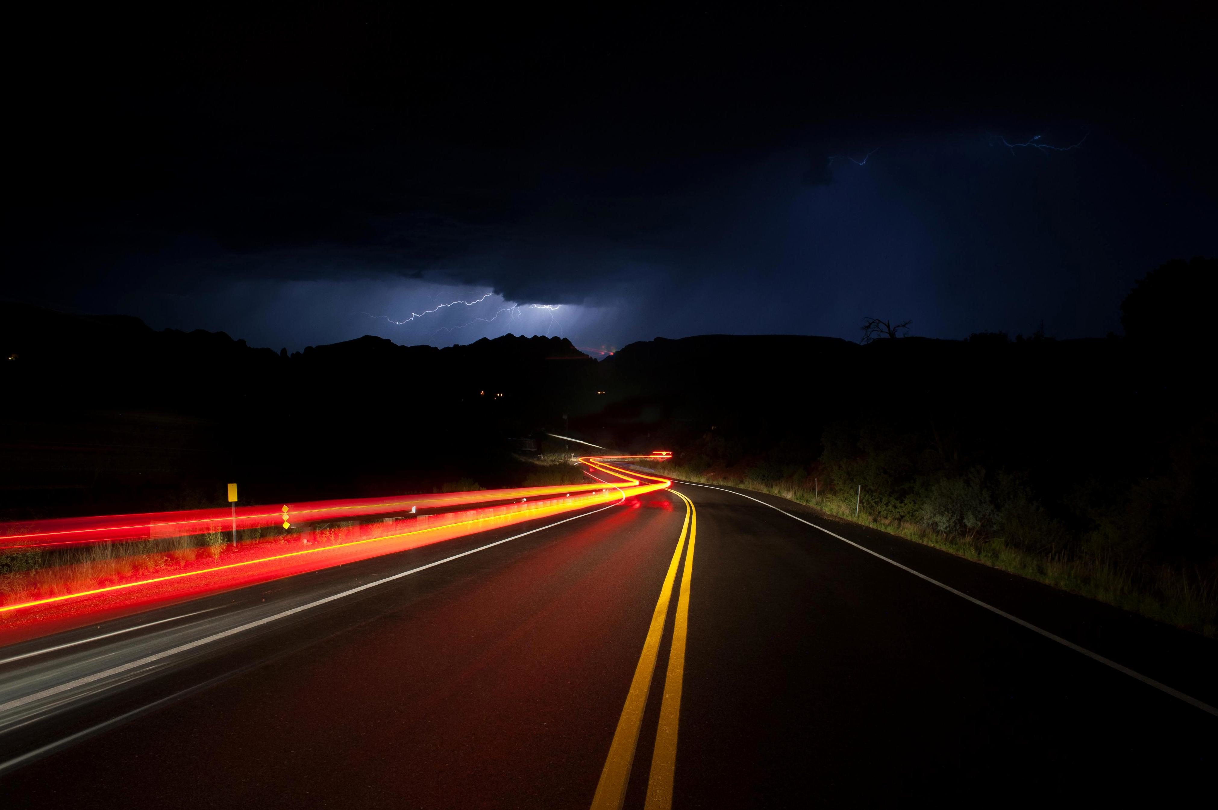 road, dark, night, lightning, turn, markup, storm, thunderstorm HD wallpaper