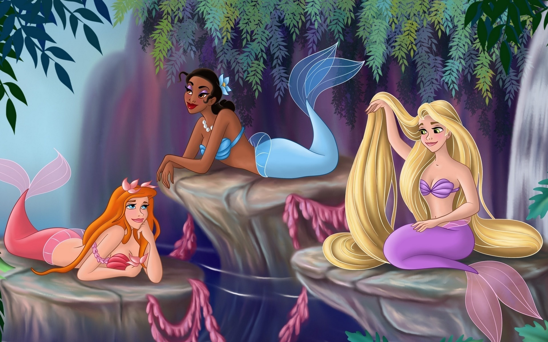 HD desktop wallpaper: Rapunzel, Crossover, Mermaid, Movie, Disney, Tiana ( The Princess And The Frog), The Little Mermaid, The Little Mermaid (1989) download  free picture #258276