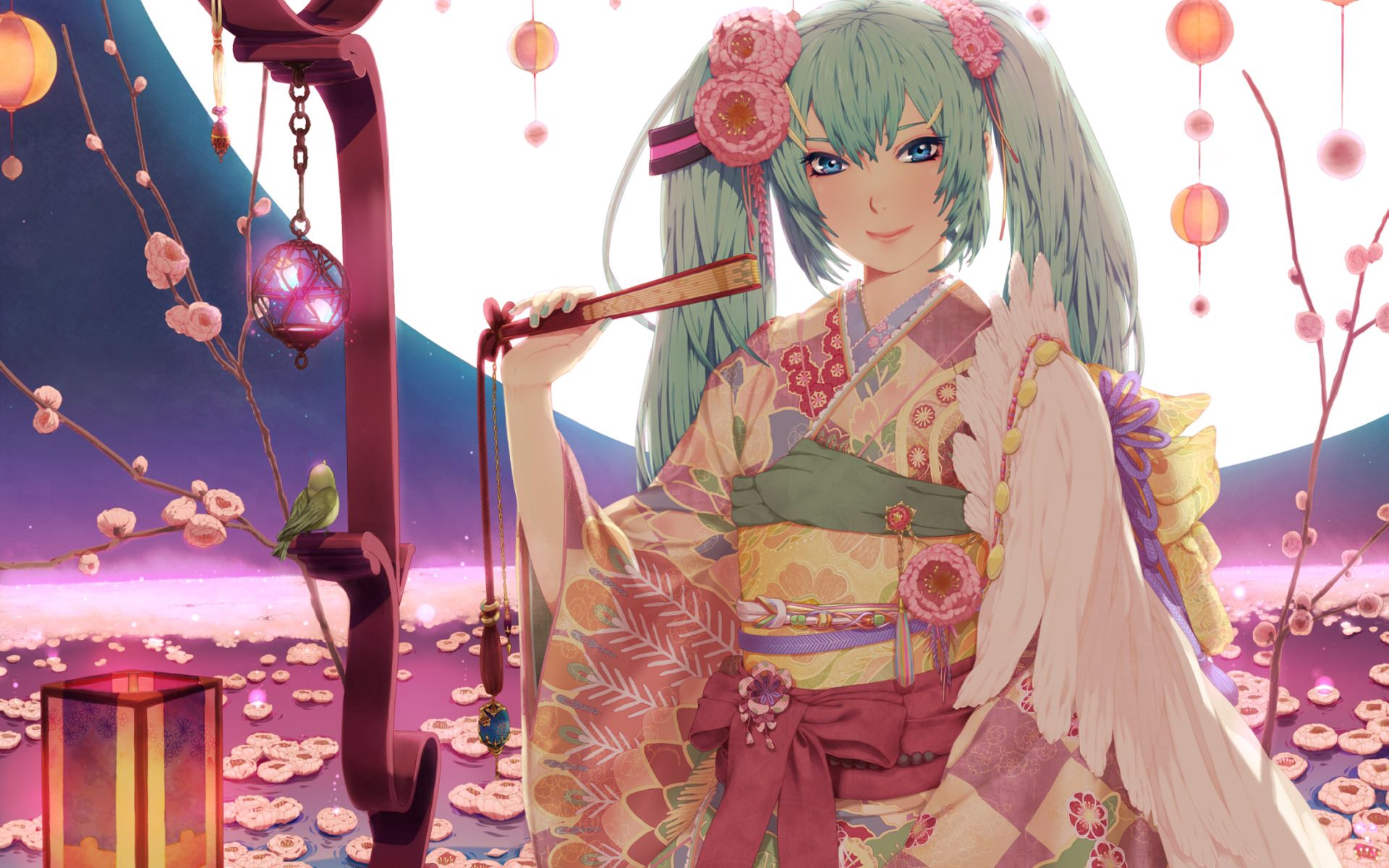 Laden Sie das Anime, Mädchen, Mond, Lächeln, Kimono, Fan, Ventilator-Bild kostenlos auf Ihren PC-Desktop herunter