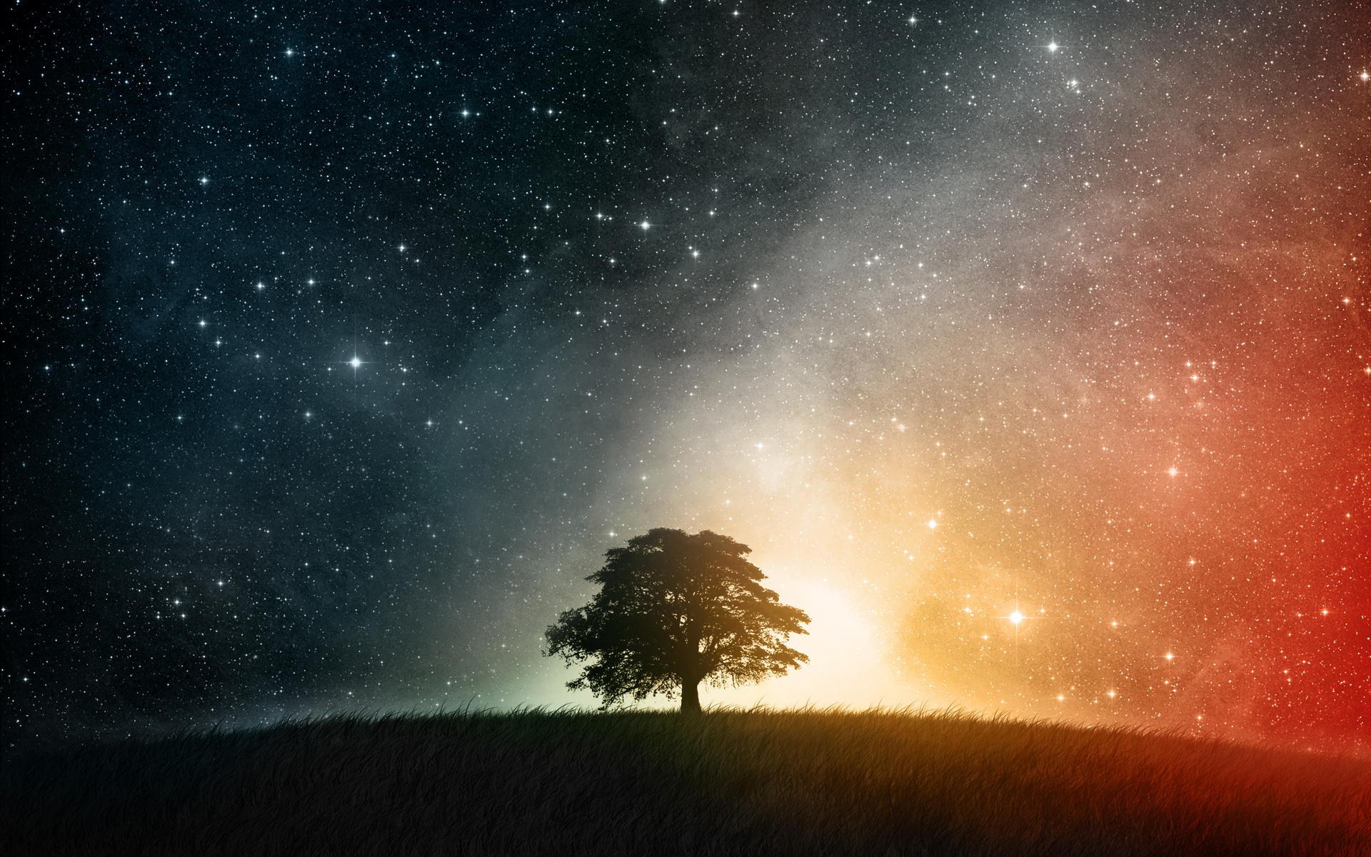 landscape, earth, stars, tree, grass, sky, space, a dreamy world Smartphone Background