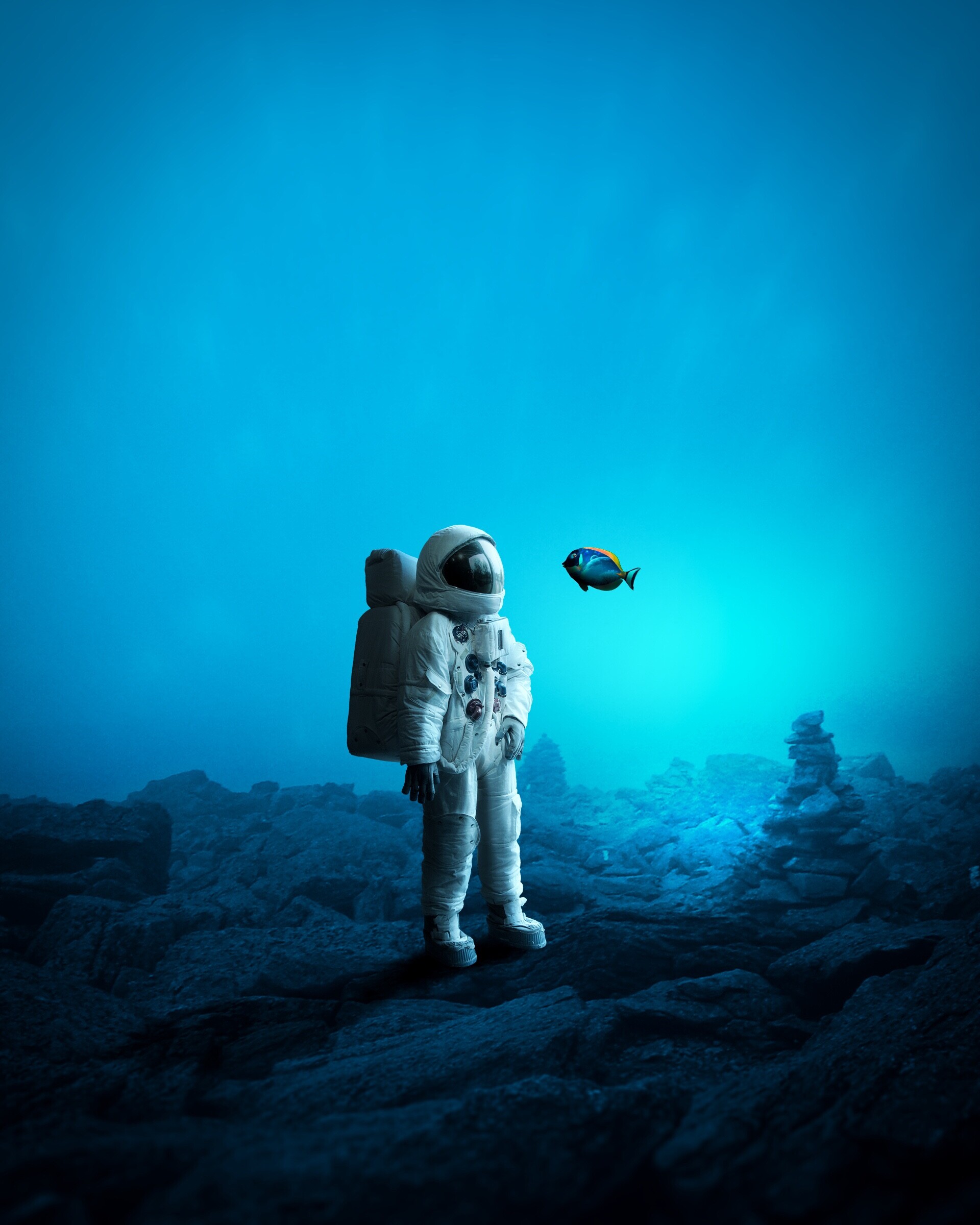 cosmonaut, under water, underwater, art, fish lock screen backgrounds