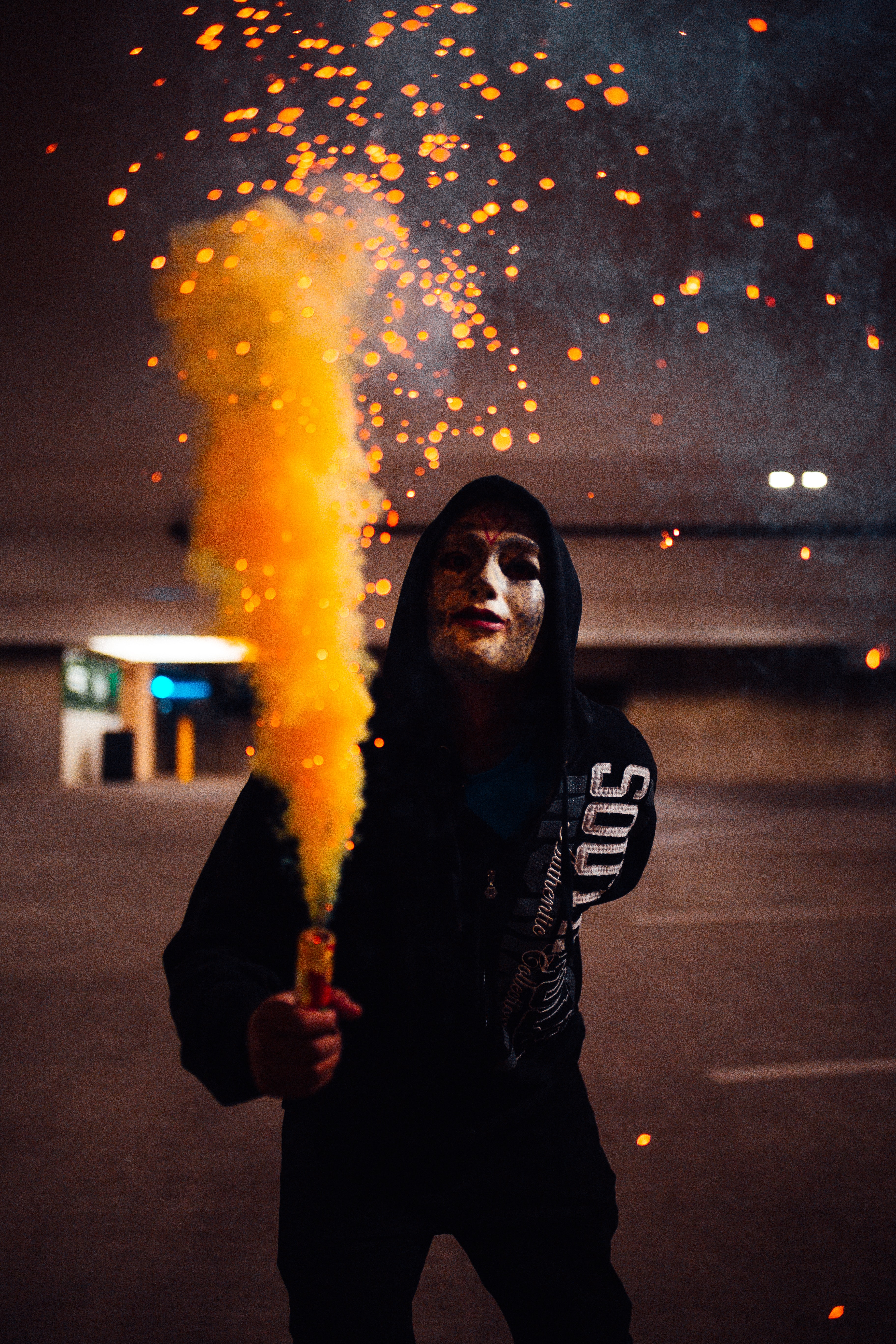 anonymous, sparks, miscellanea, miscellaneous, mask, colored smoke, coloured smoke, hood wallpaper for mobile