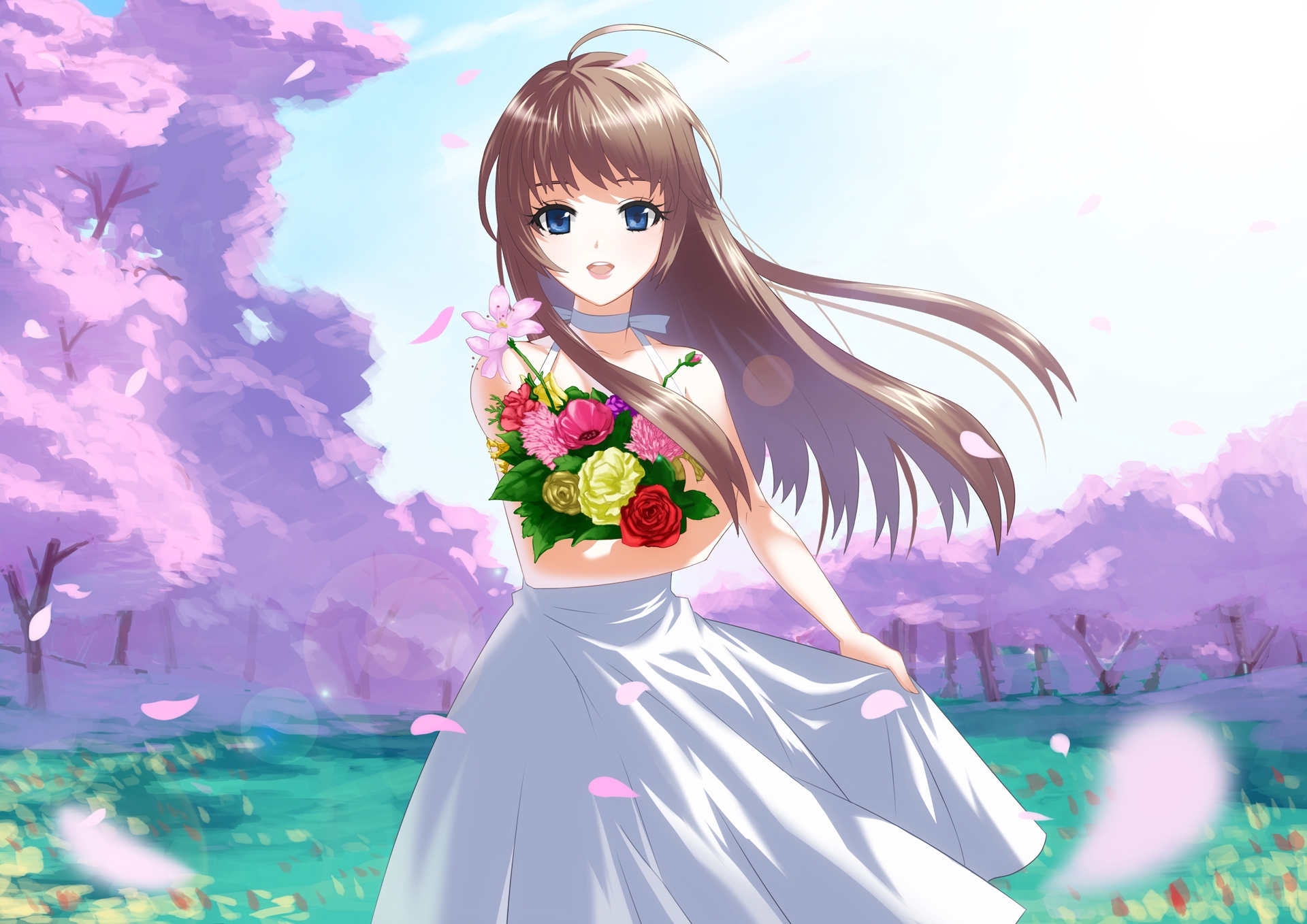 131106 download wallpaper anime, flowers, bouquet, girl, brunette screensavers and pictures for free