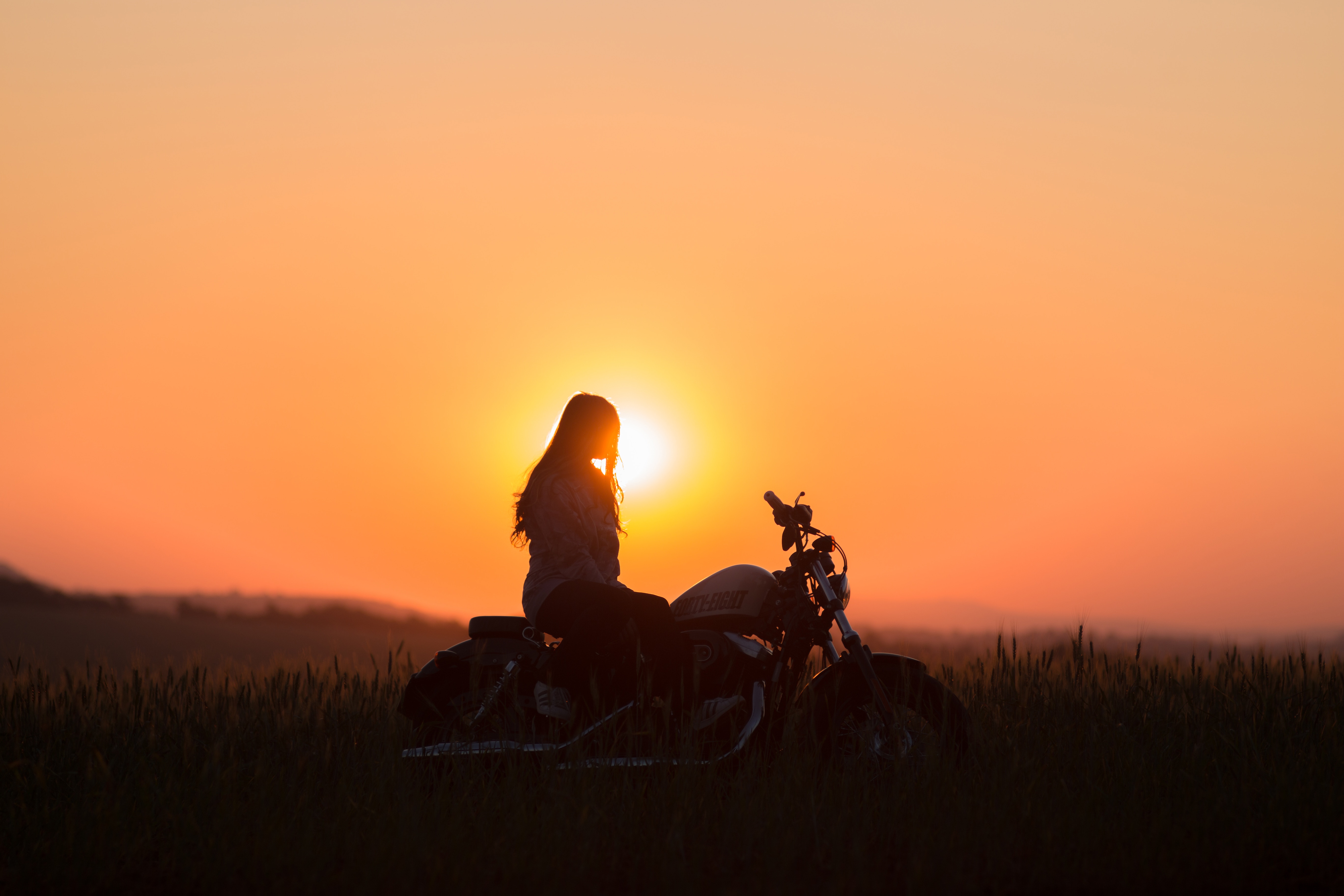 sunset, loneliness, motorcycle, silhouette Horizontal Wallpapers