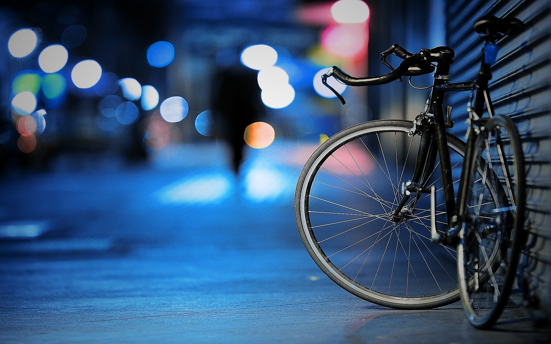 mood, alone, light, night, vehicles, bicycle, city HD wallpaper