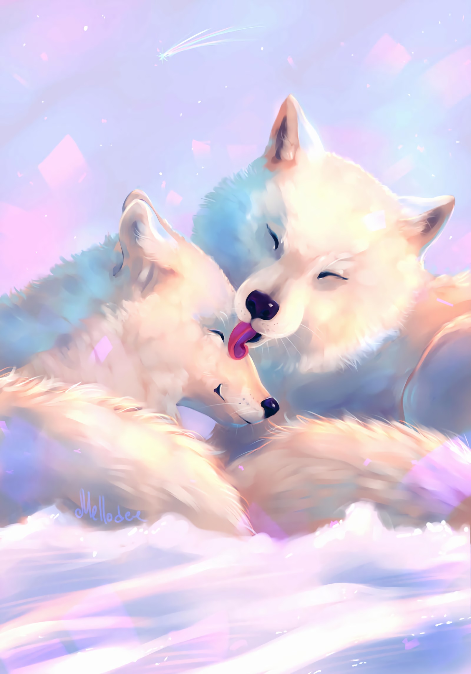 143334 download wallpaper art, white, wolfs, care, tenderness, language, tongue screensavers and pictures for free