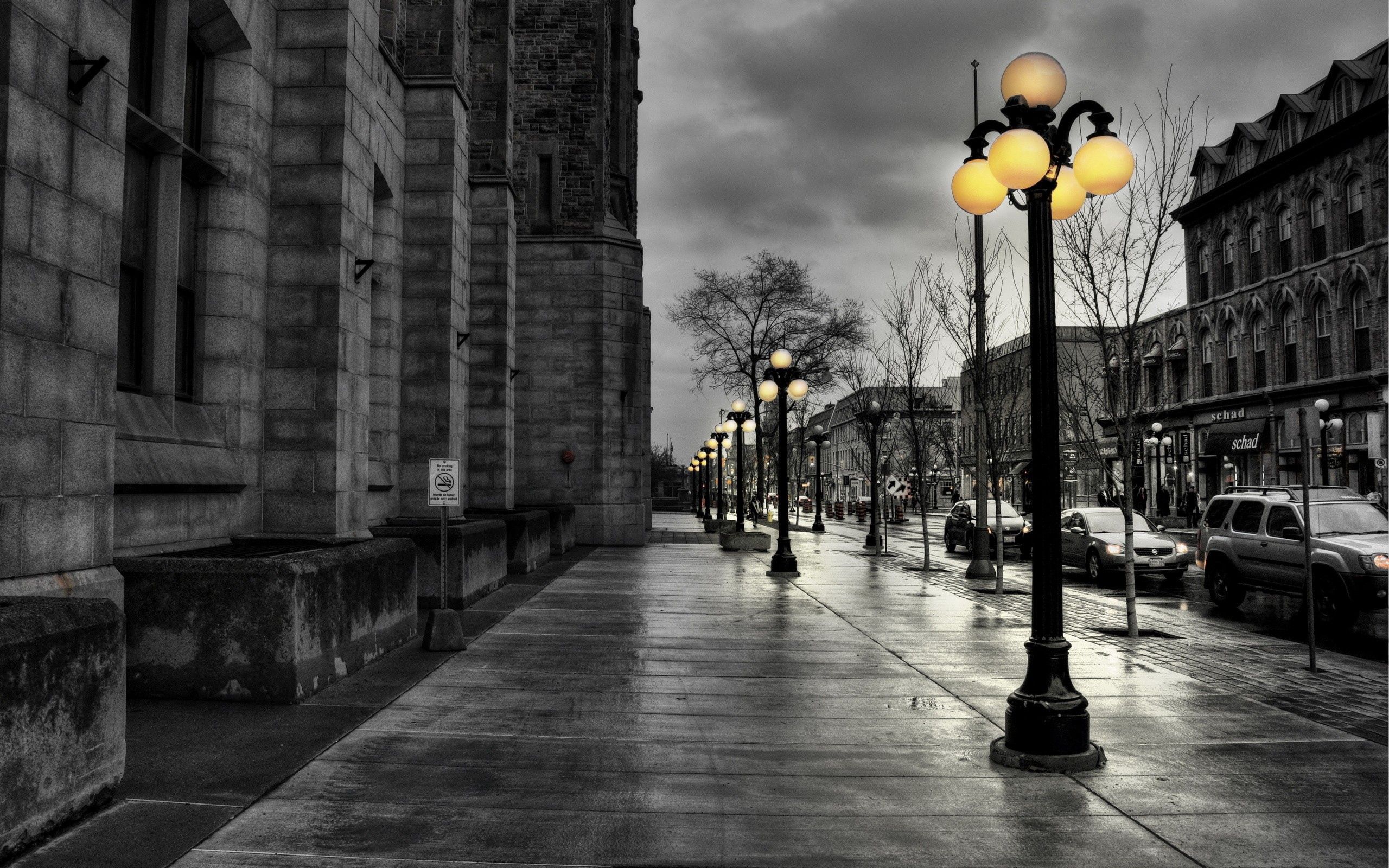 wallpapers cities, city, building, lights, lanterns, evening, bw, chb, hdr, street