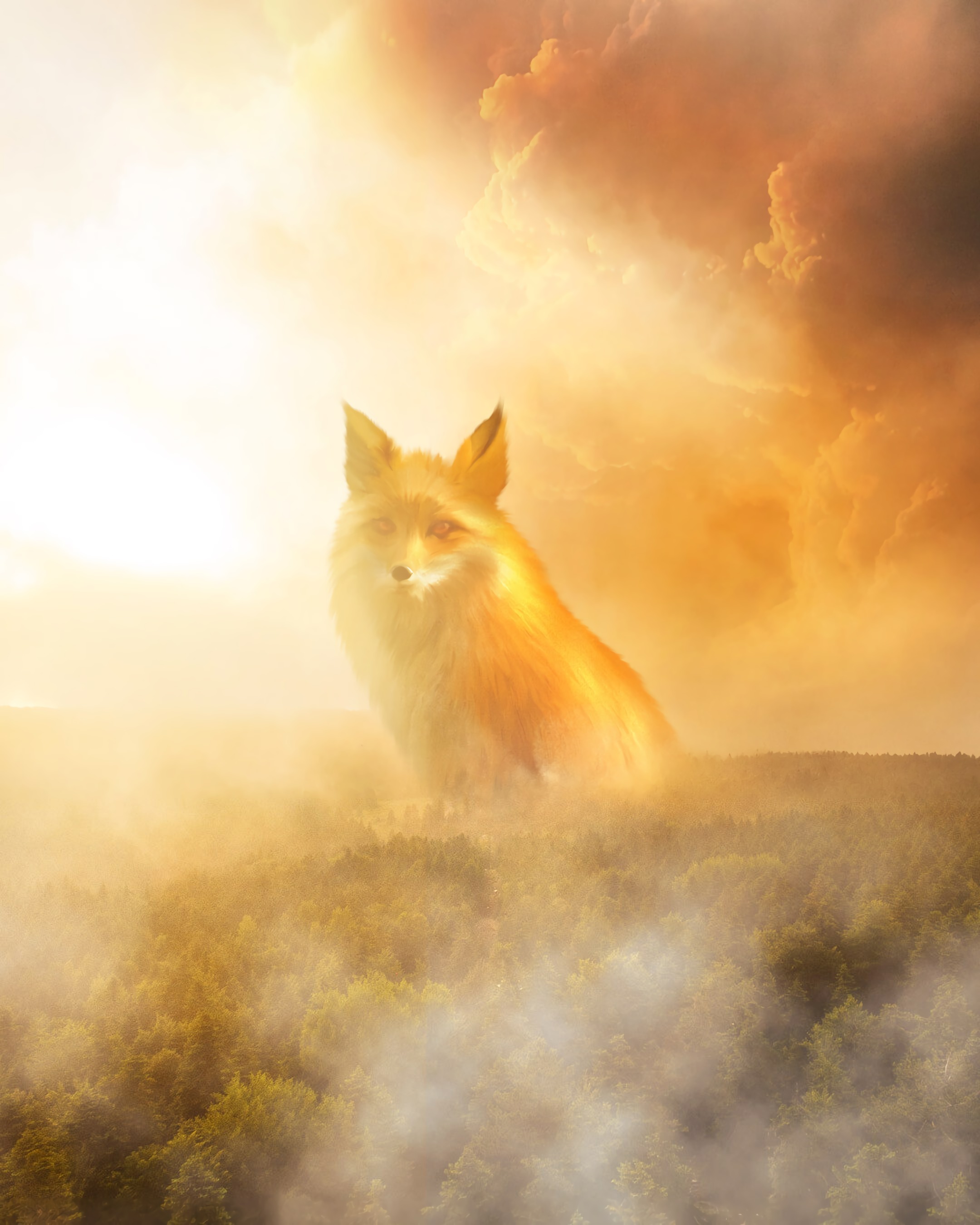 68687 download wallpaper fox, animals, clouds, forest, fog, haze screensavers and pictures for free
