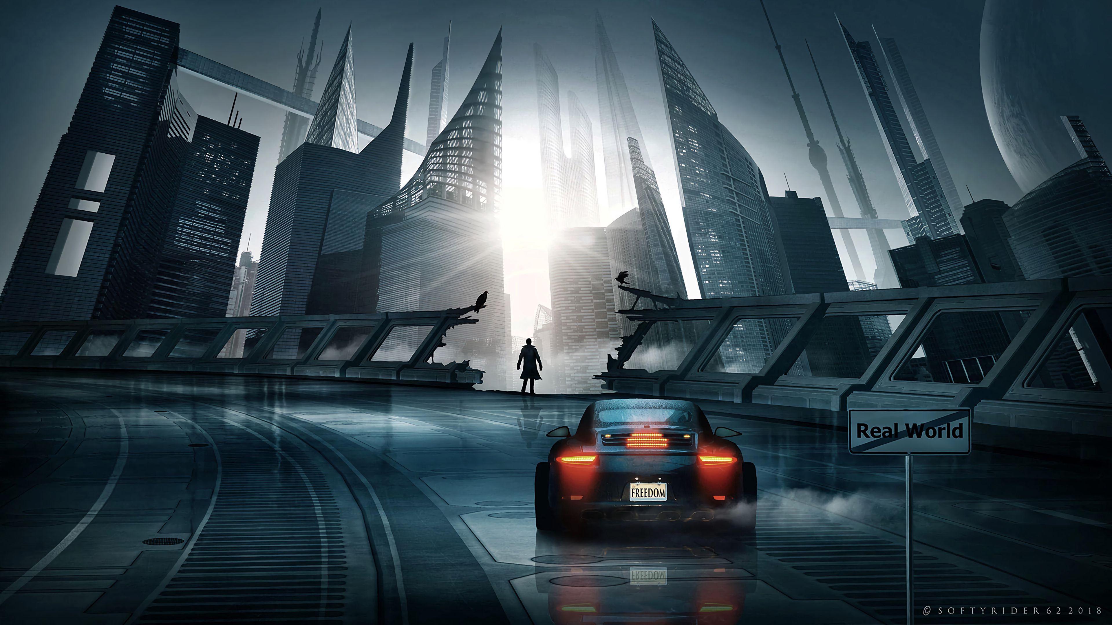 silhouette, sports, car, cars, city, futurism, cyberpunk, sports car HD wallpaper