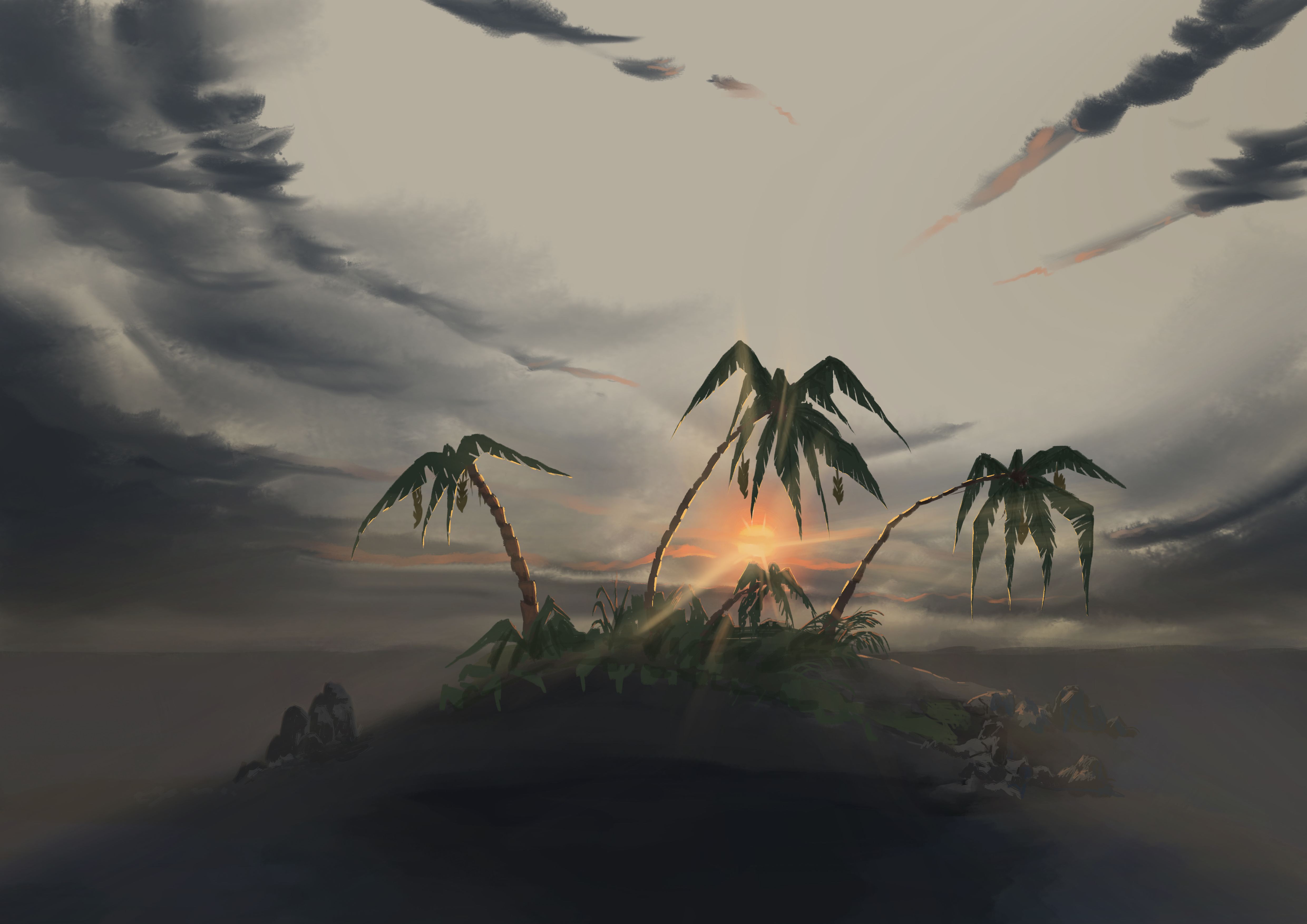 Handy-Wallpaper Landschaft, Sunset, Kunst, Palms, Die Insel, Insel kostenlos herunterladen.