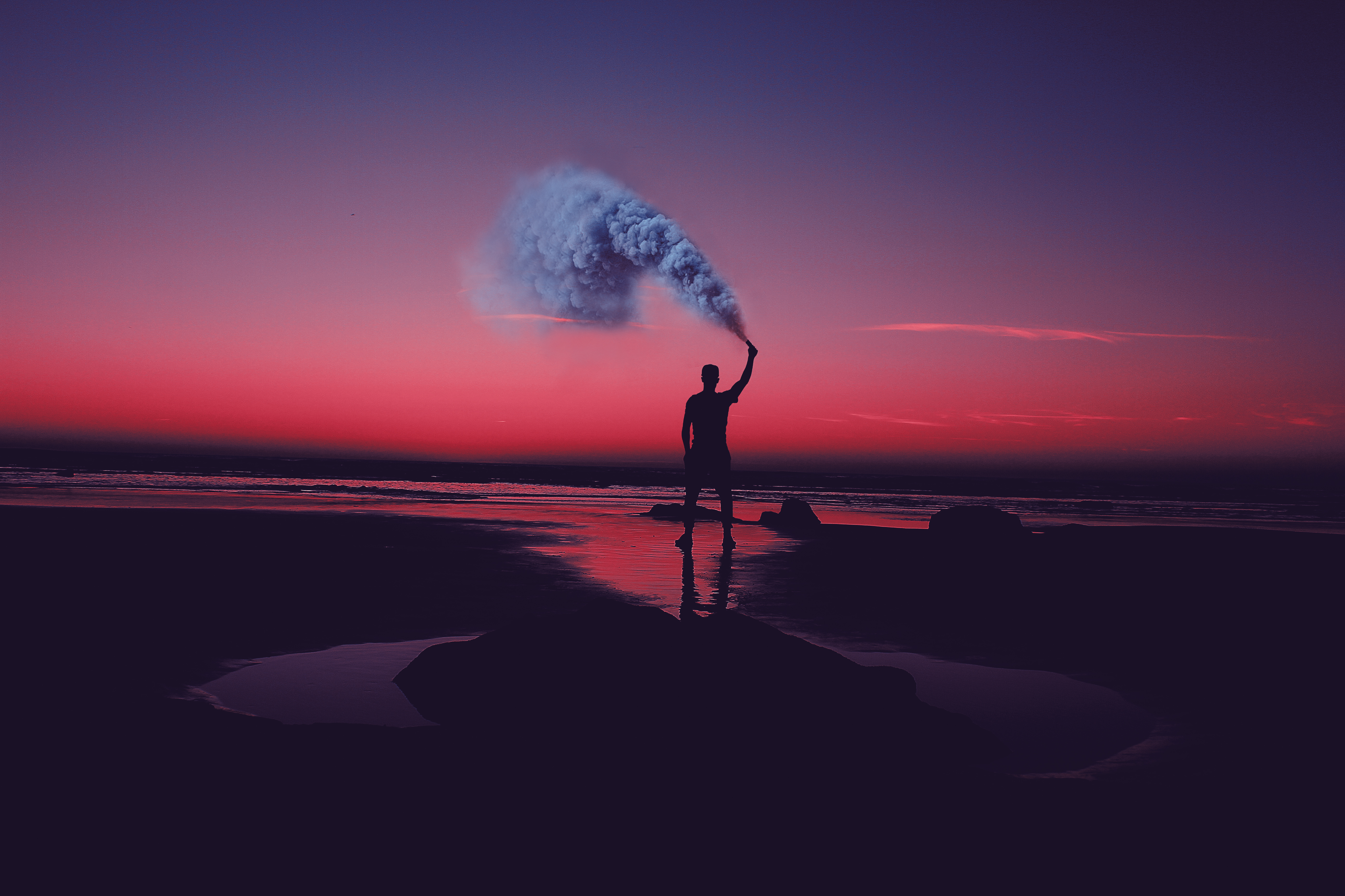 person, sunset, shore, bank, dark, human, colored smoke, coloured smoke Phone Background