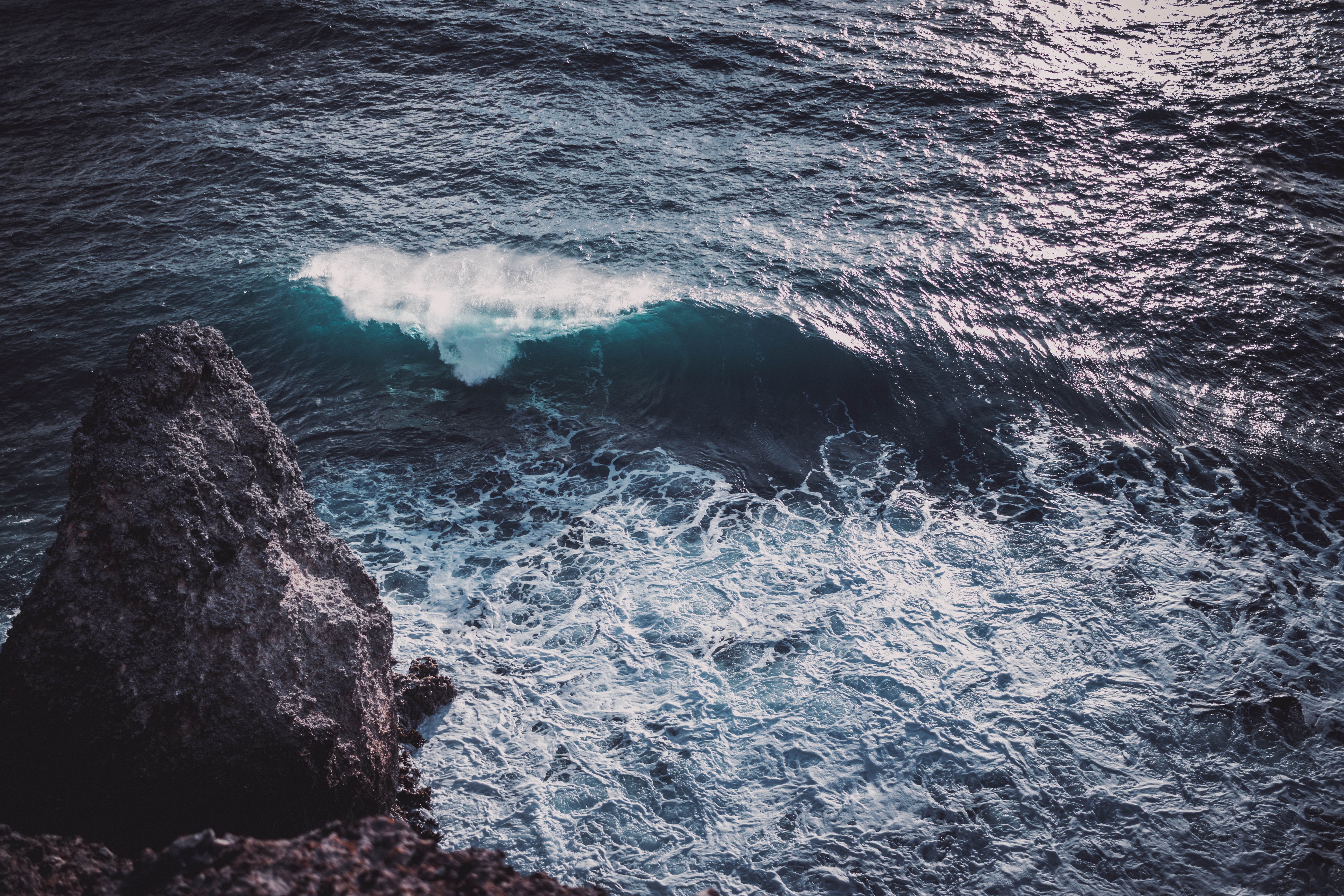 Surf sea, water, wave, rock 8k Backgrounds