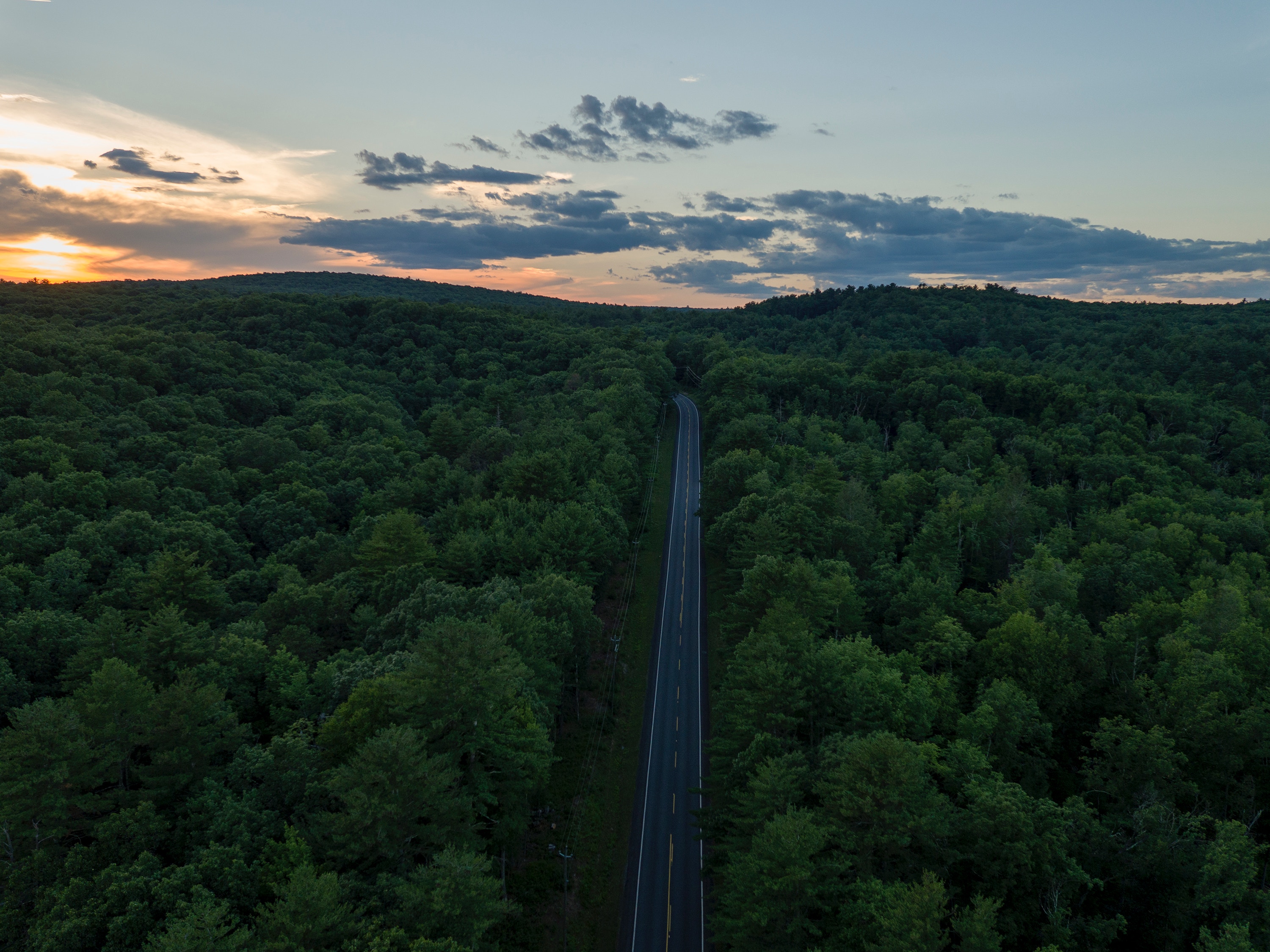 view from above, nature, sunset, horizon, road, woods, scaffolding
