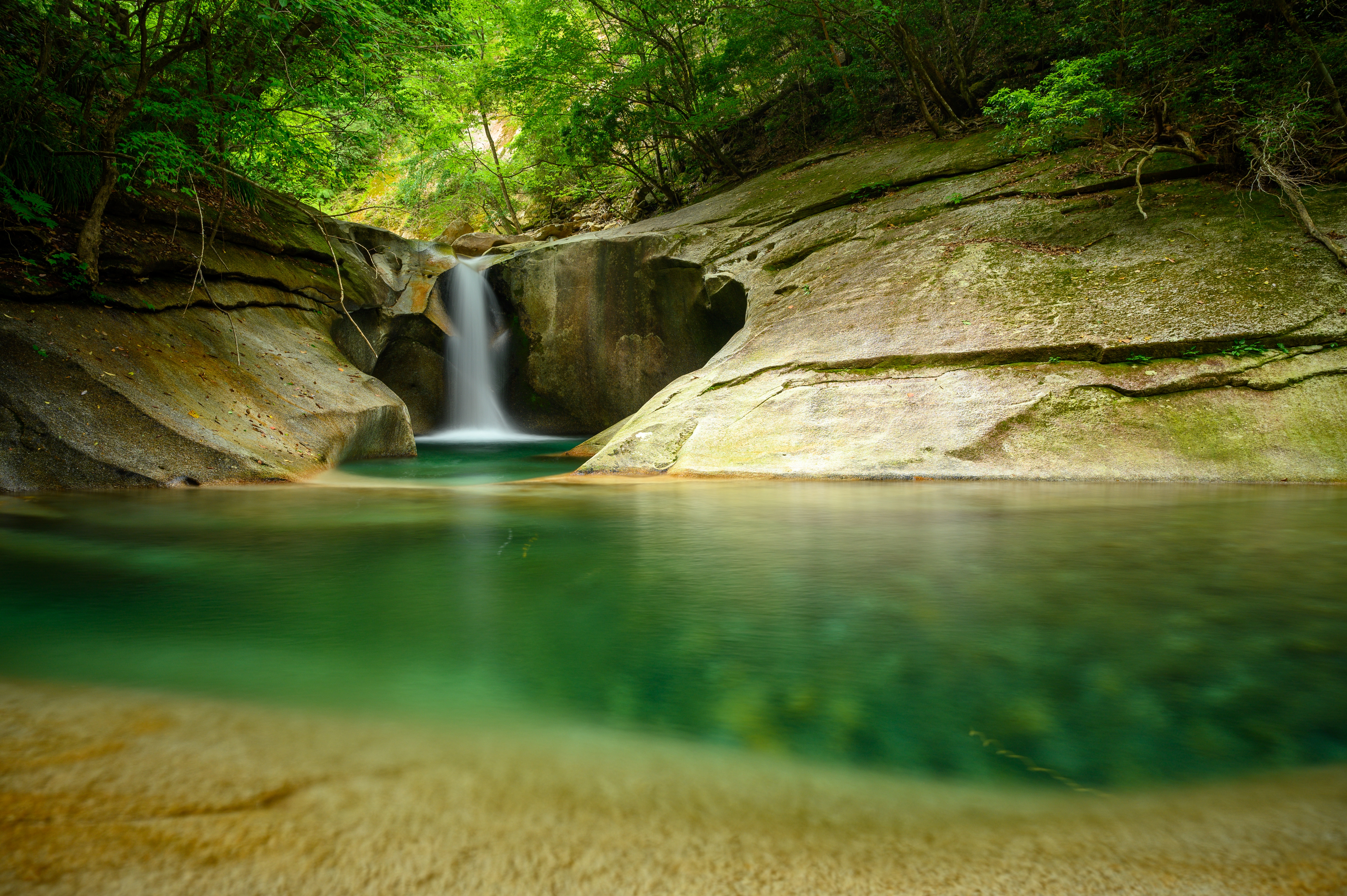 precipice, stone, forest, waterfall 3d Wallpaper