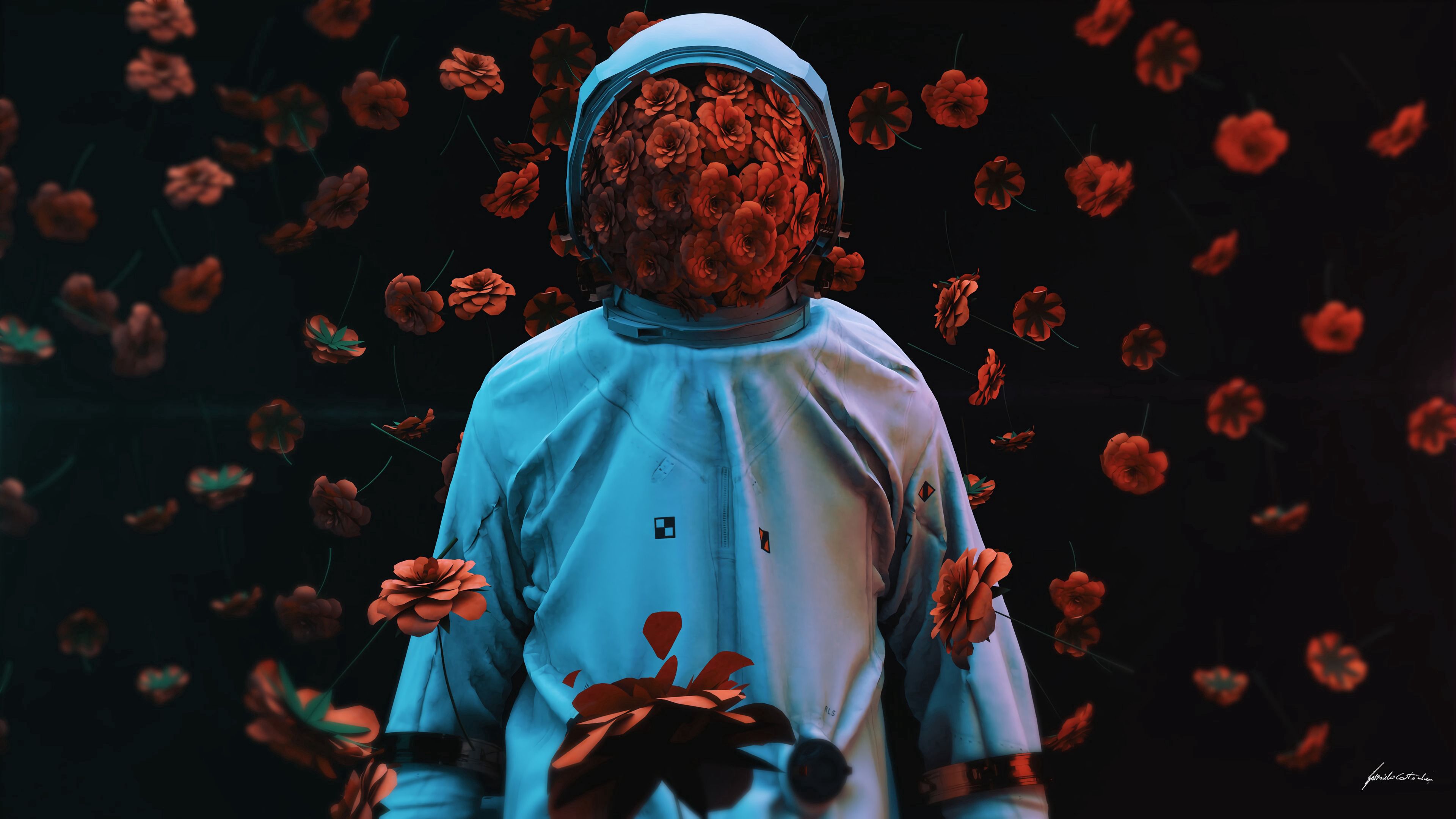 Phone Background cosmonaut, space suit, flowers, 3d