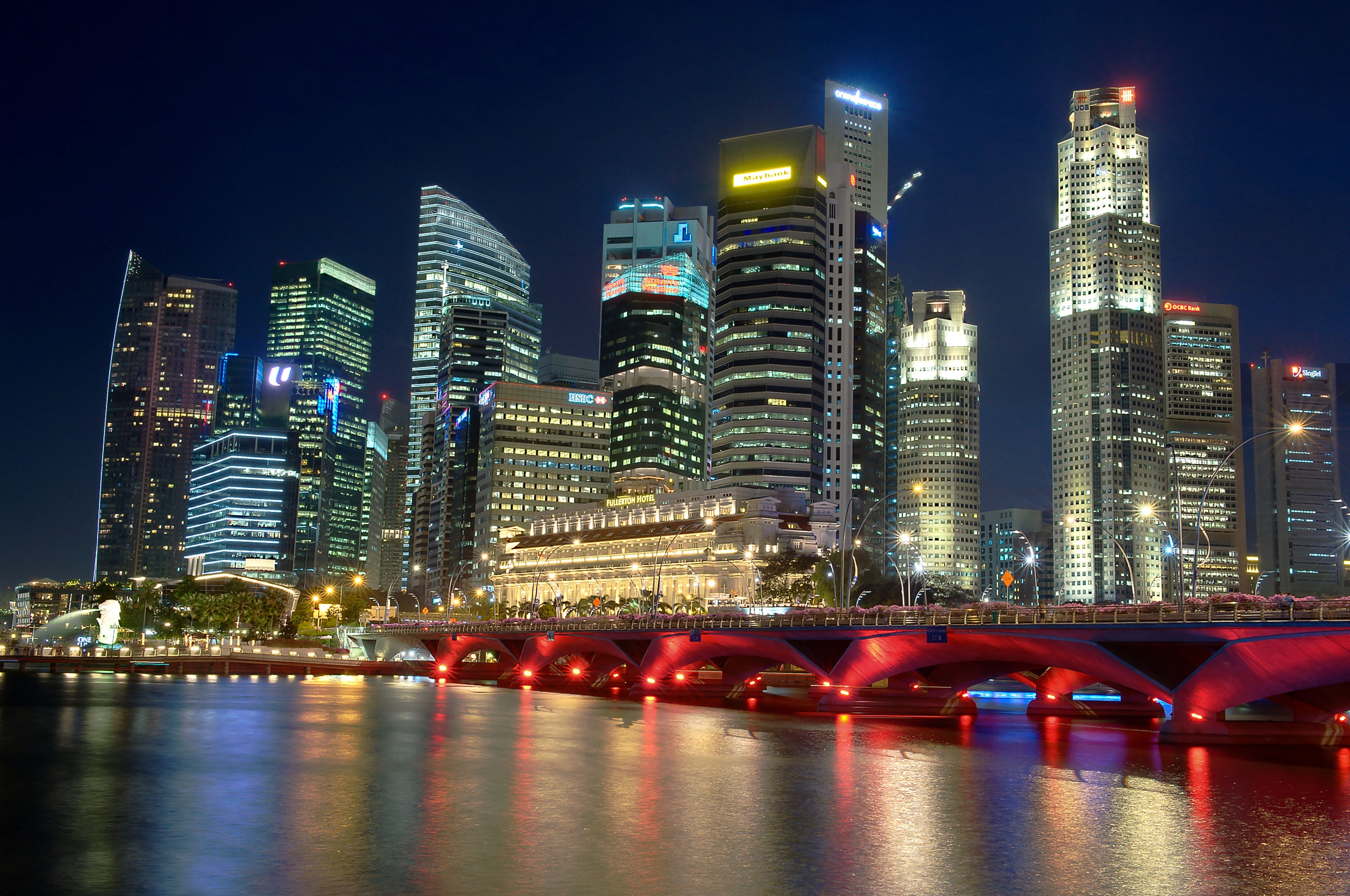night city, cities, singapore, rivers, night HD wallpaper