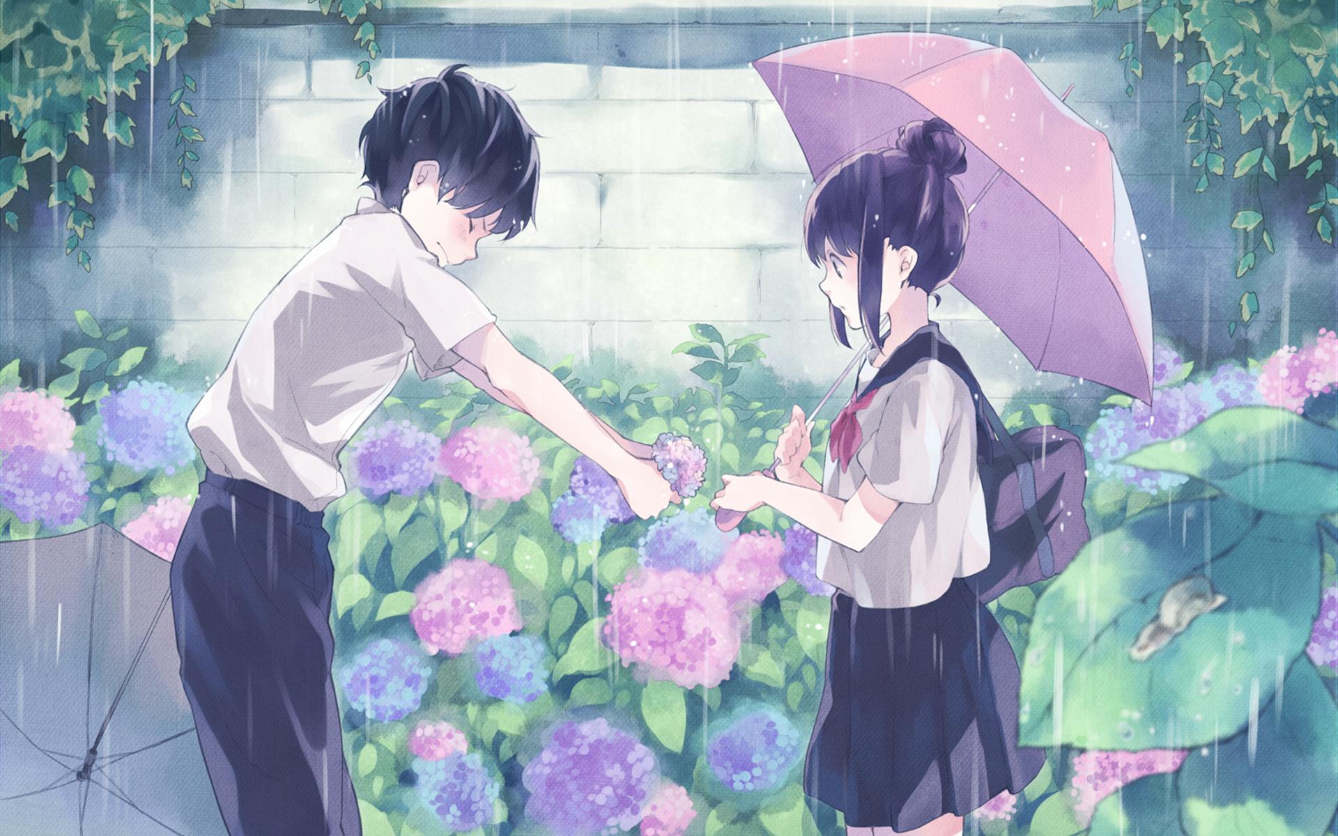 4K Ultra romantic, school uniform, anime, umbrella