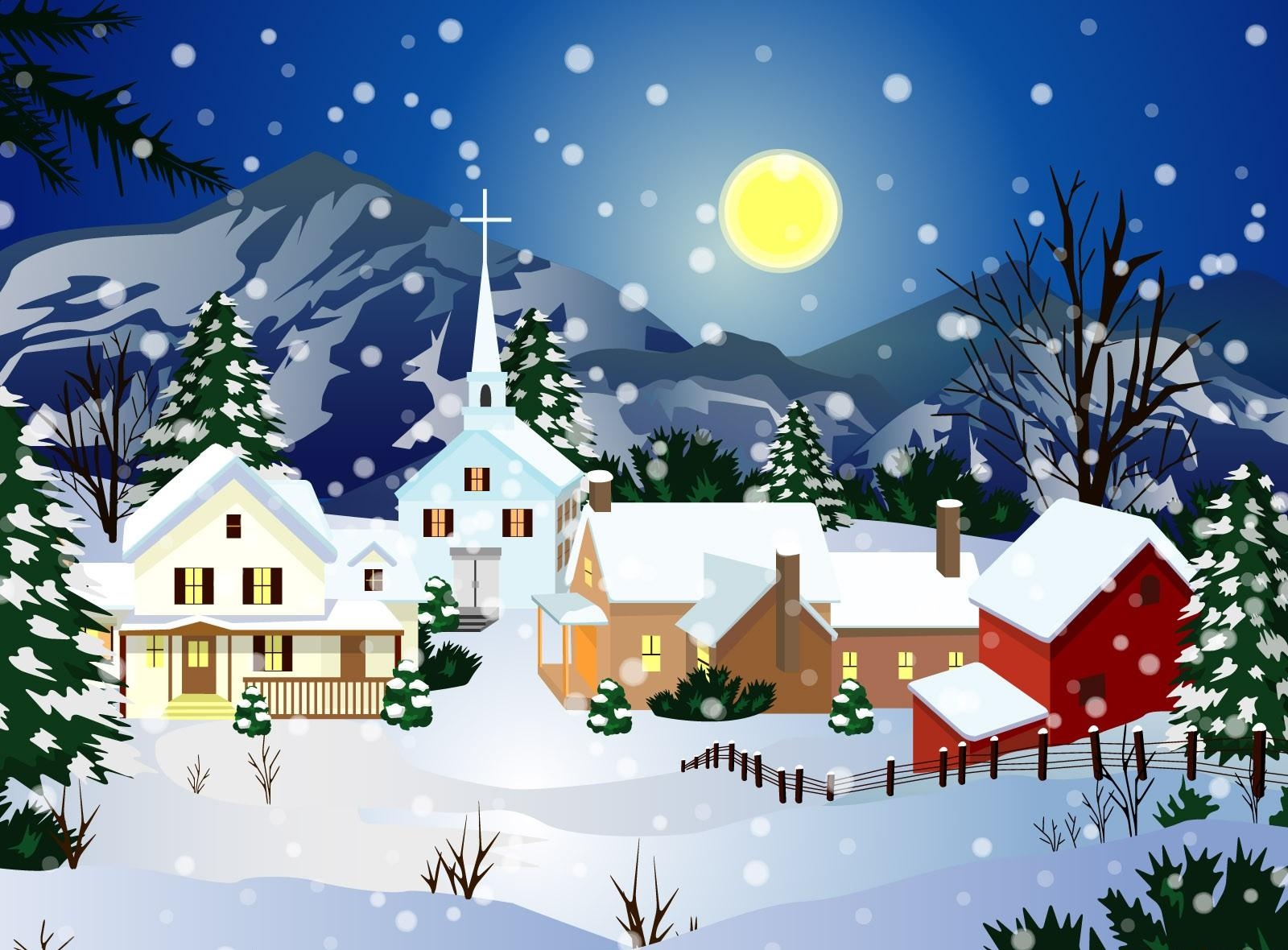 holidays, winter, houses, night, snow, full moon, church